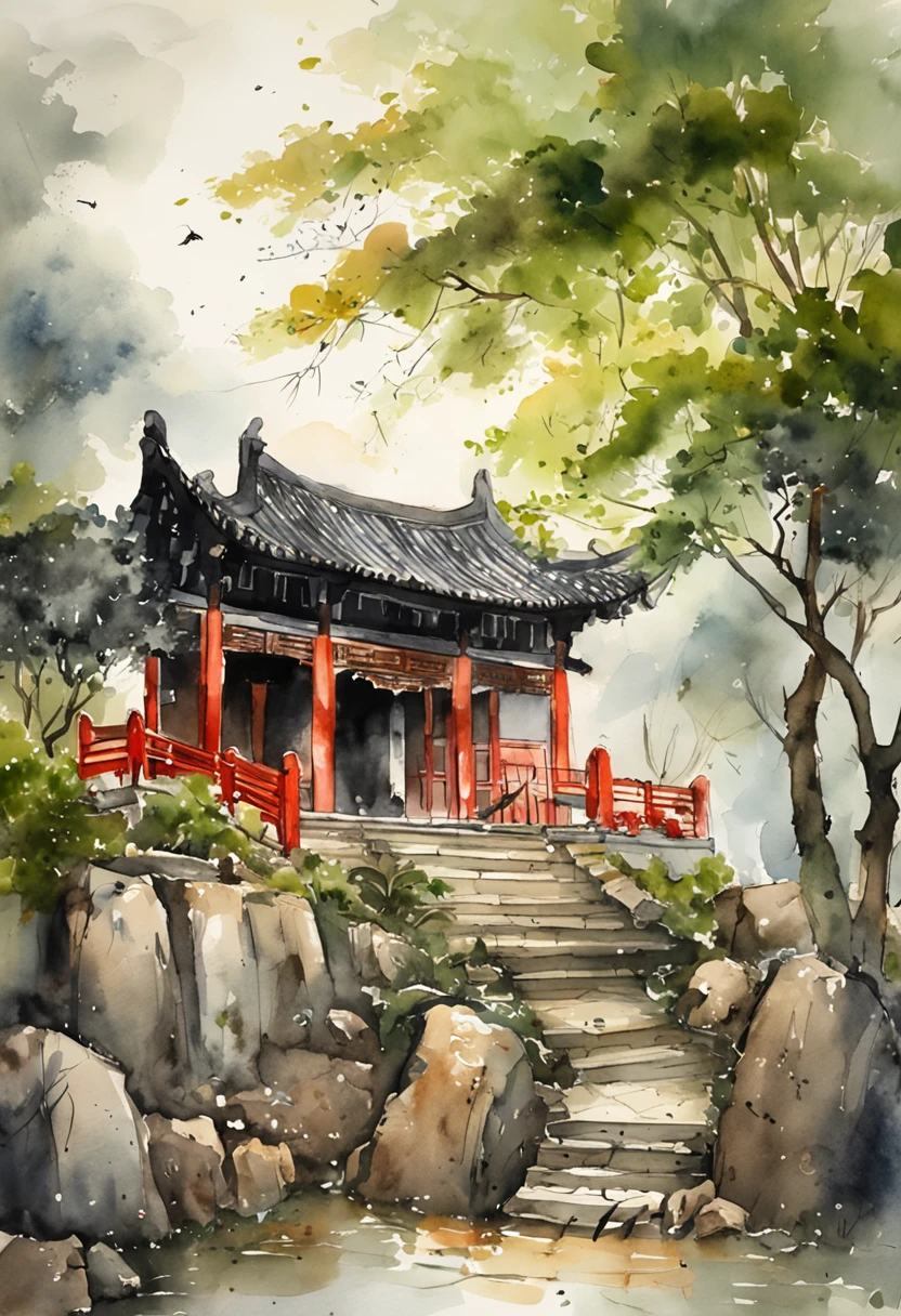 In a quaint Han Dynasty style temple,There are many buildings,The yard is covered with moss,There are many old trees outside the temple,There is a young monk clearing fallen leaves on the steps,It was raining lightly in the sky,no sun