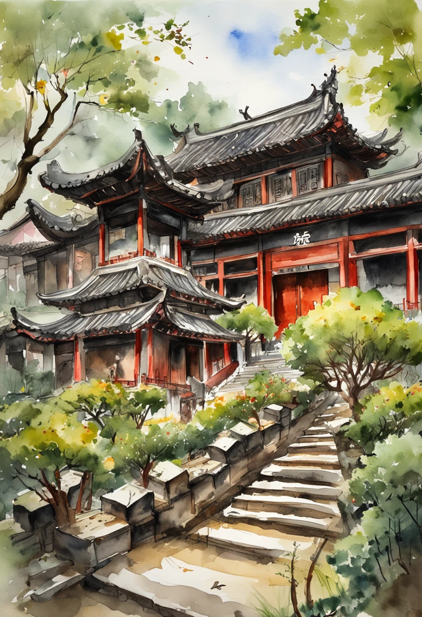 In a quaint Han Dynasty style temple，There are many buildings，The yard is covered with moss，There are many old trees outside the temple，There is a young monk clearing fallen leaves on the steps，It was raining lightly in the sky，no sun