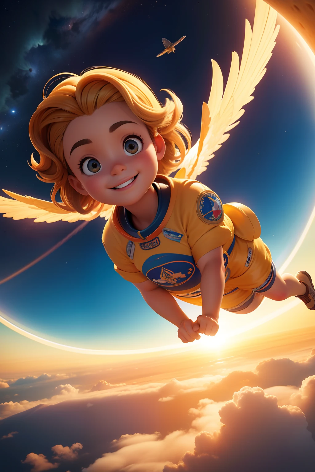 Obra prima, melhor qualidade, garota, anjo, cabelos longos, flying in space, observando a terra, sorrindo, sol nascendo no horizonte, seios grande, quadris largos, sorriso no rosto