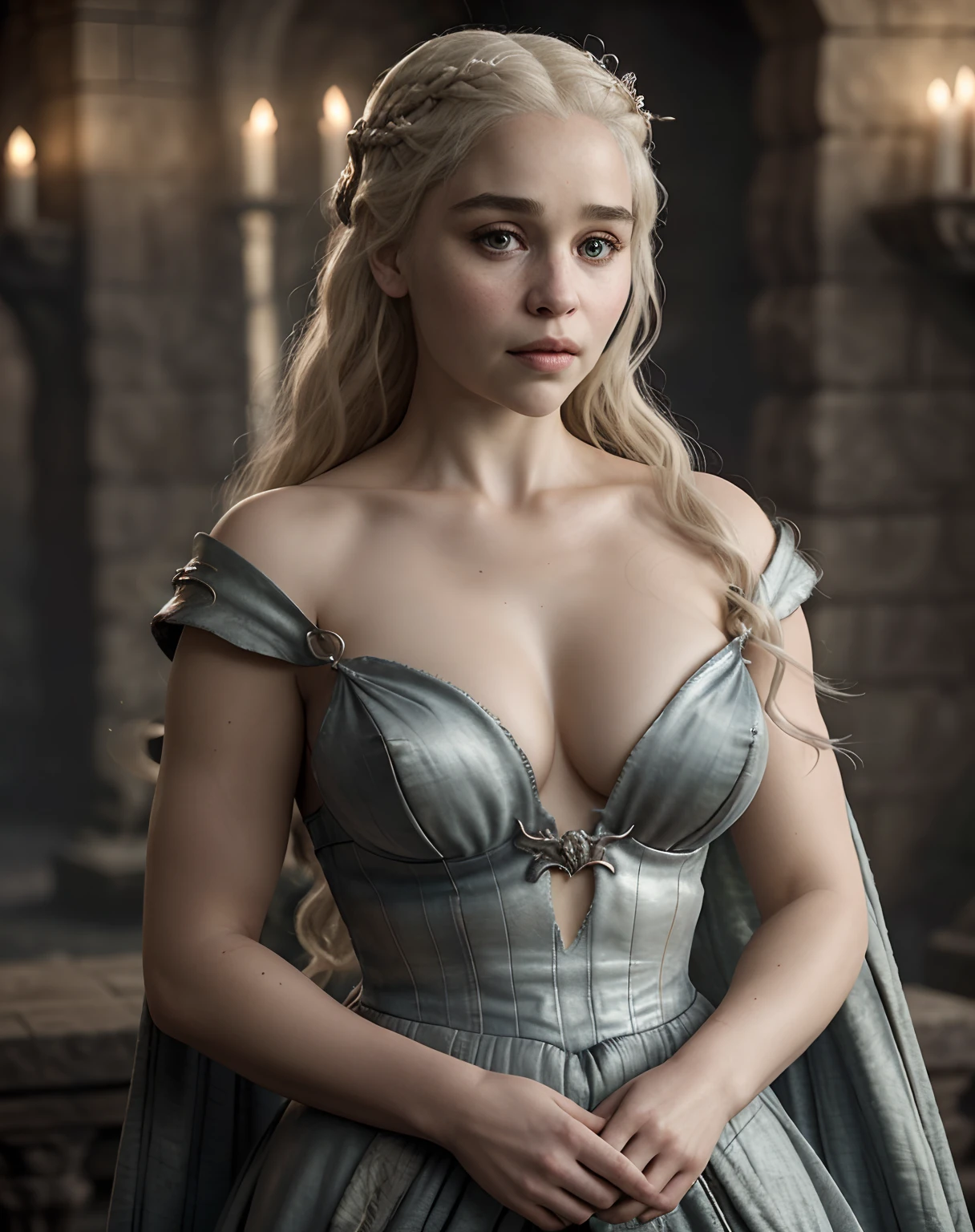 Masterpiece, Daenerys Targaryen, Gorgeous woman, queen, Queen Lady, Princess of Dragonstone, black mole on breast, The Unburnt, Queen of Meereen, Queen of the Andals, the Rhoynar and the First Men (claimant), Protector of the Seven Kingdoms (claimant), Khaleesi of the Great Grass Sea, Breaker of Shackles, Mother of Dragons, The One Who Was Promised, Lady of Dragonstone , 35 years Old, she is a Full growned lady now, big natural breast, perky breast, beautiful mature lady, the queen, milf beauty, mature queen, Best quality, a small, charming Beauty, a captivating woman, fully ripen milf body, lustful queen, alluring appearance, unrivaled beauty, wonderful breasts, large breasts, mediaeval erotic costumes, a Game of Thrones-inspired costume, a close-up of a woman from the middle ages, Daenerys Targaryen, Daenerys, resembles Emilia Clarke, Emilia Clarke, scene from "Game of Throne," deep cleavage, warrior princess, healthy body, perfect thick body, attractive figure, fleshy body, style of "Game of Throne," beautiful lady, beautiful woman, mediaeval clothes, stunning woman, 8K, insane details, dress made of clothes and jewelry, perfect hair, styled hair, high clarity eyes, perfect hands, perfect fingers, perfect eyes