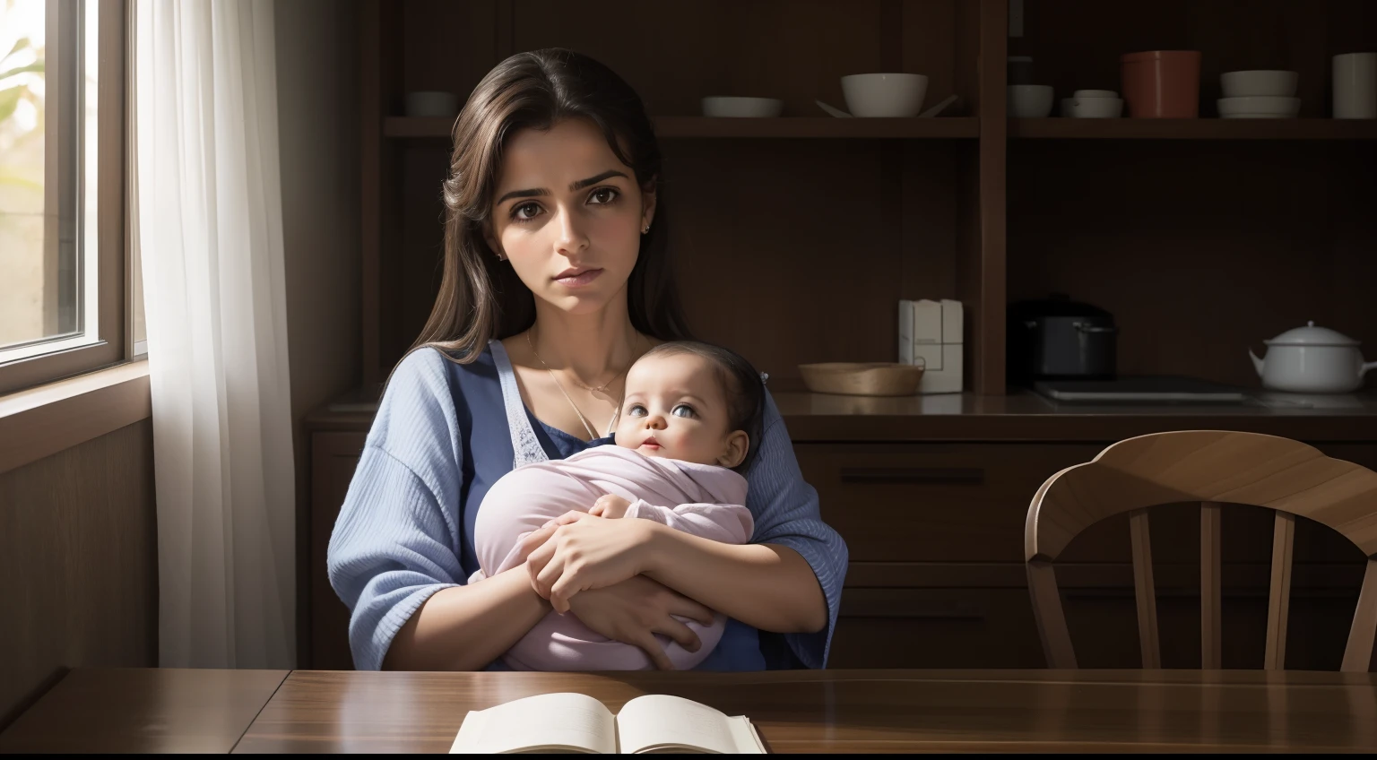 uma mulher, estava sentado em uma cadeira ao lado da janela, It's sad, is holding a baby, fotorrealista, master part, e no lado esquerca uma mesa, e sobre ela um livro