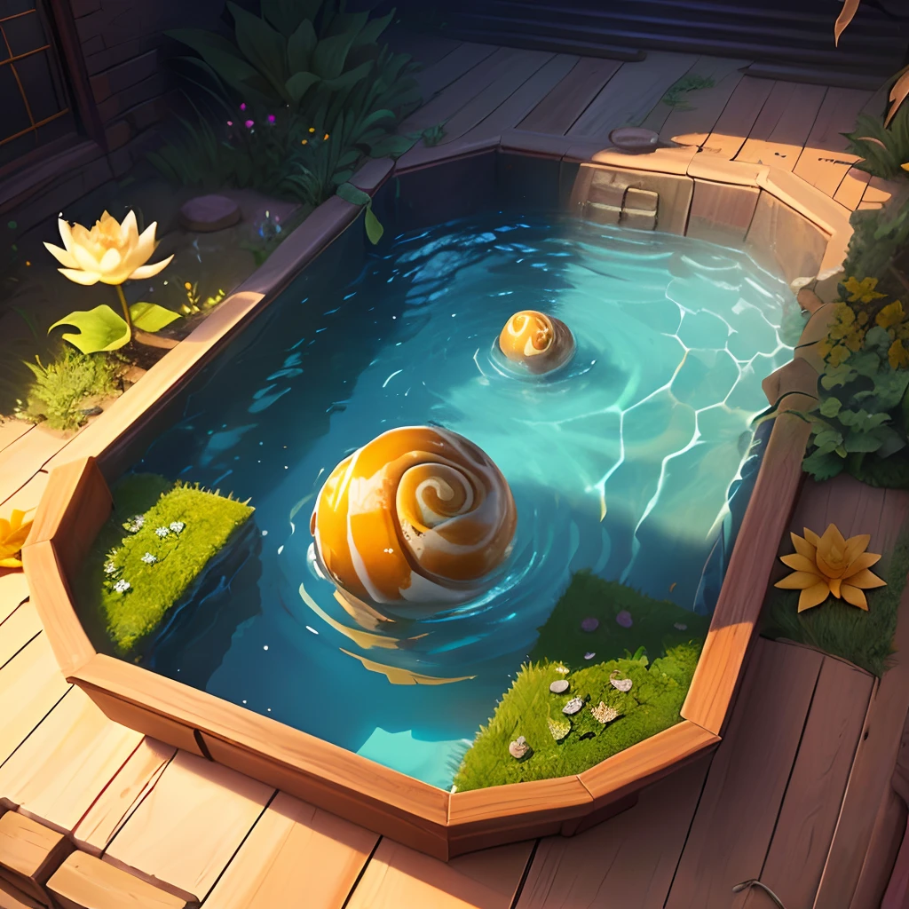 2d game background,Small shallow pool,snail, starfish,Lotus leaf,depth of fields,hand painted style,planar,popup book, unreal engine