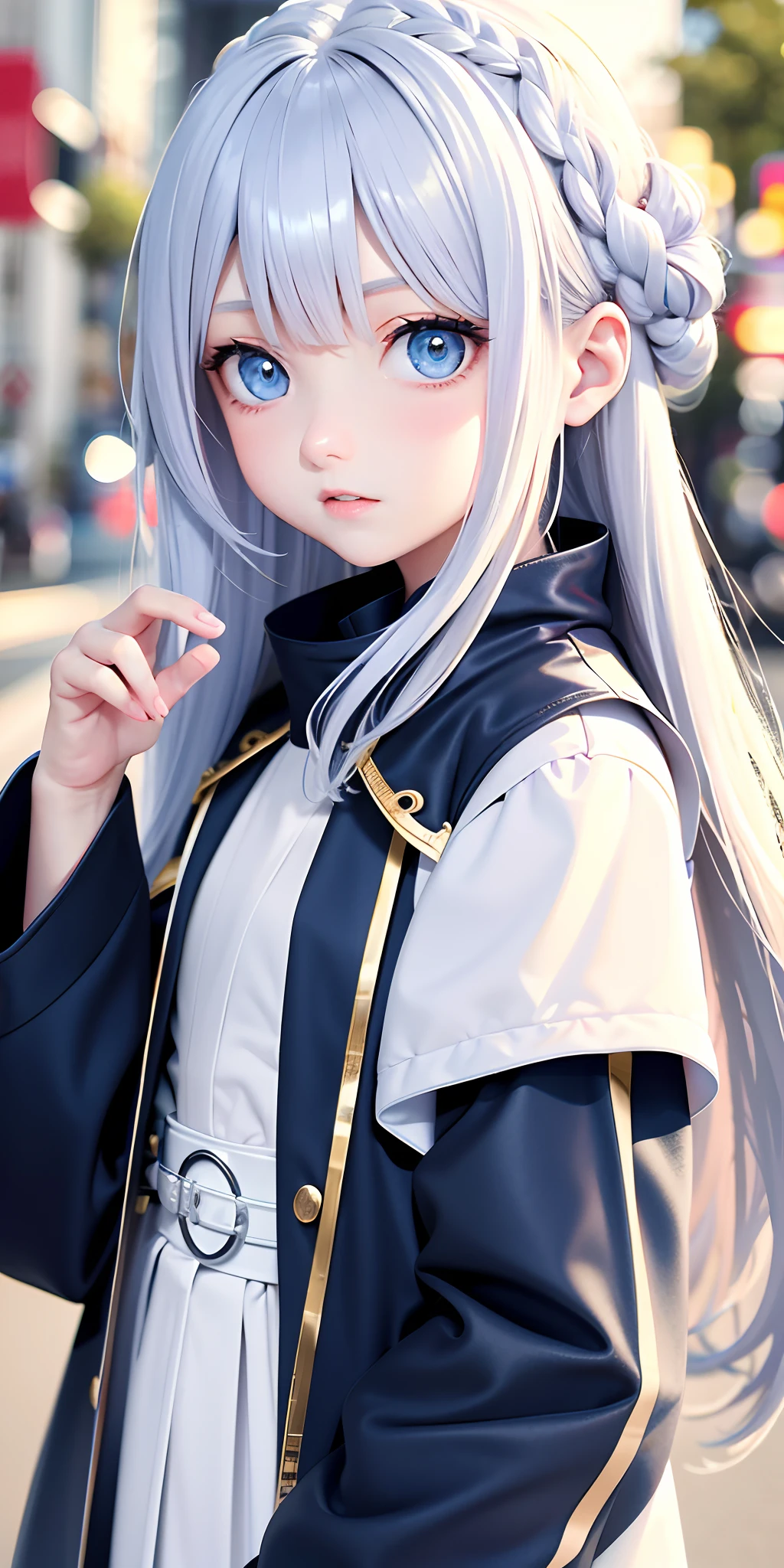 Need,tmasterpiece,brunette color hair,Pale blue eyes,Manteau blanc,Look up,The upper part of the body,Hairline,Fair skin,Side braid 20 years old,chineseidol