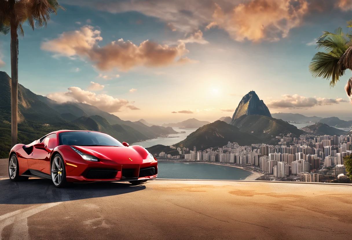 (Best quality, 8k, Masterpiece :1.2), hyper realistic, city of Rio de Janeiro Brazil, at a mountain, an detailed red Ferrari 488, Redeemer Christ in the background, a beautiful brown hair girl in sport clothes looking at landscape, sunny day, summer