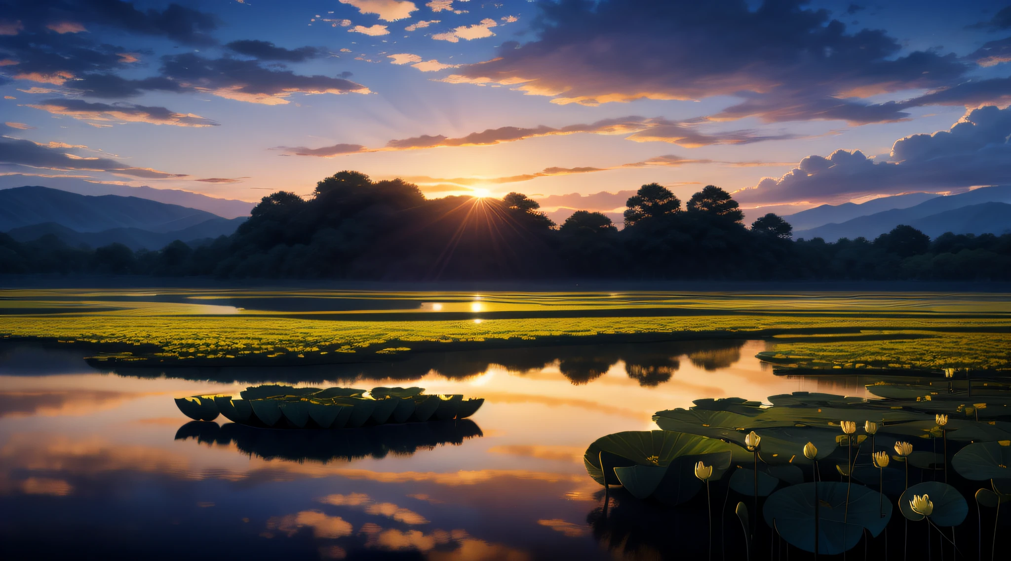 Pujihei Scenic Area，the setting sun，evening light，Large area of sunset sky，The cloud is transparent，A pond full of lotus flowers，The lotus is a realistic shot，High- sharpness，SLR Camera Shooting