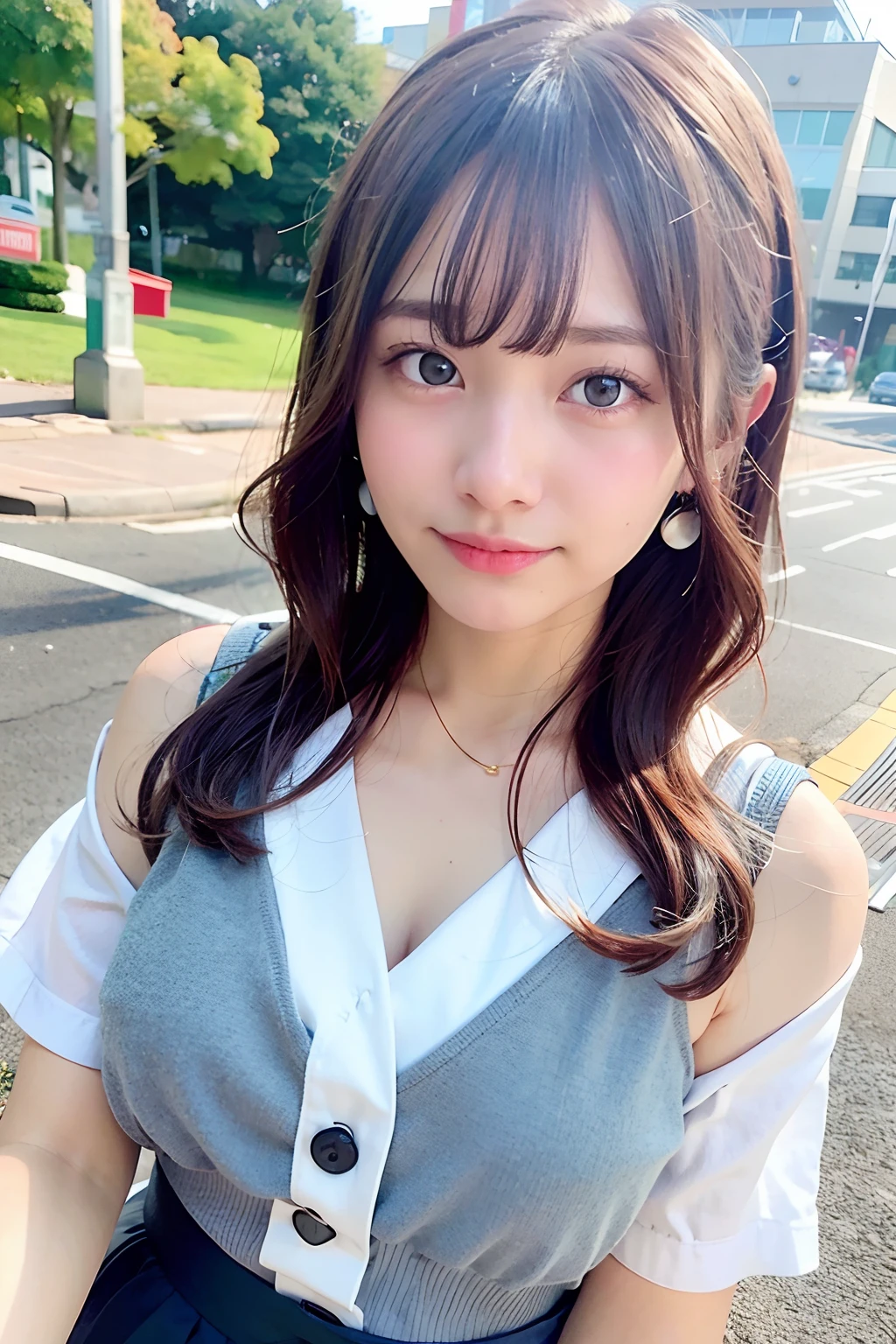 top-quality、超A high resolution、(Photorealsitic:1.4)、女の子1人、Gray hoodie、(faded ash gray hair:1)、(huge-breasted:1.2)、looking at viewert、a closeup、piece sign