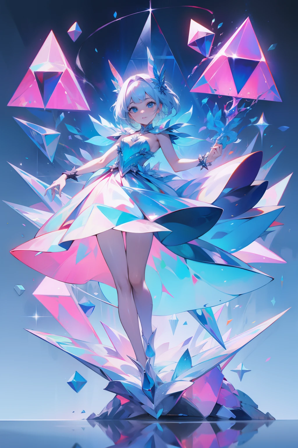 (masterpiece, top quality, best quality, official art, beautiful and aesthetic:1.2),full body,1 girl wearing a transparent bodysuit made of azure crystal,suspended in air,hovering,a pair of huge pink crystal wings,nubela,(iridescent,vivid fancy neon color),holo glowing rainbow color long hair,<lora:samo_crystal3-000009:1>, zhubao,  <lora:CrystallineAI-000009:0.7> crystallineAI, <lora:Ice-Fashion-V1:0.7> ice, (masterpiece, best quality, high quality, highres, ultra-detailed)