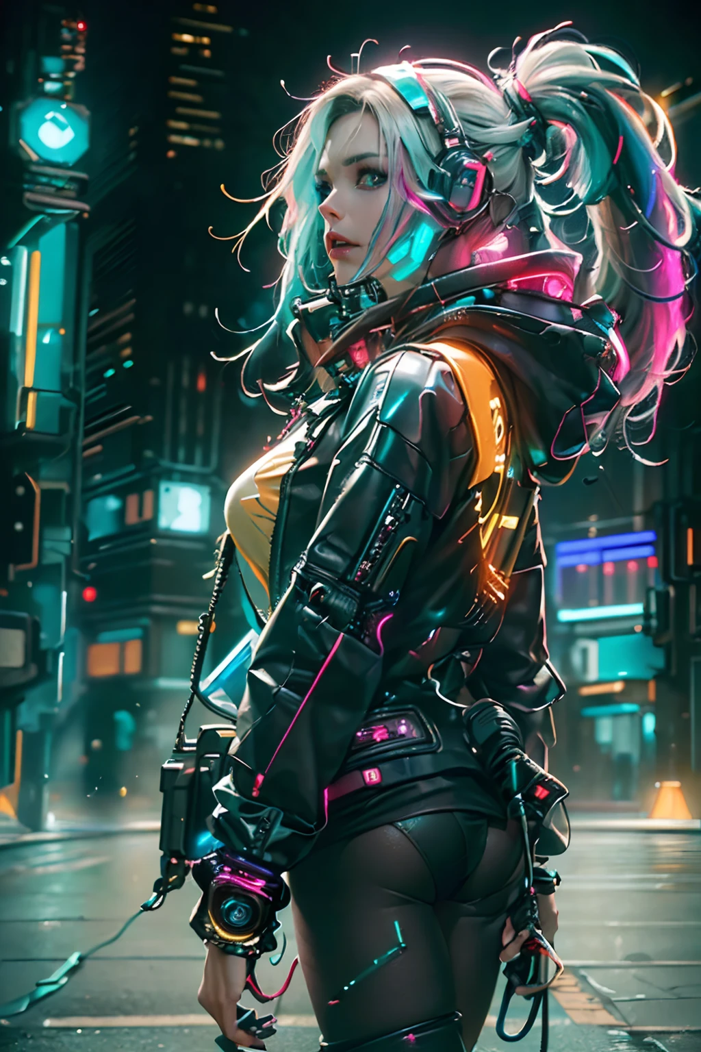 (Masterpiece): A breathtaking image of a cyberpunk 1girl flying above a stunning cityscape with ultra high resolution and best quality, showcasing intricate neon colors and shooting stars that flash with electrifying intensity. Her hoodie, adorned with illuminated patterns, hugs her slender frame as her long, blue hair streams behind her, catching the light of the cinematic neon city below. Feathers from a grandiose feather hair ornament sway in the wind around her head, adding an ethereal touch to this photorealistic scene. The cityscape below is a mesmerizing blend of HDR, fisheye, and surreal architecture, with