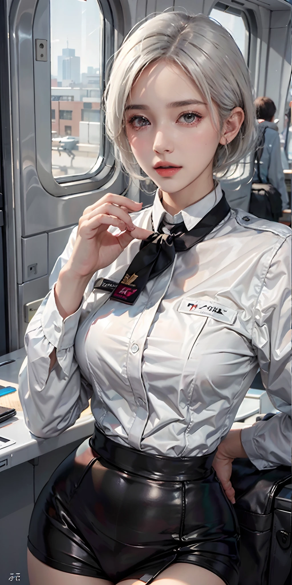 photorealistic, high resolution, soft light,1women, solo, hips up, shining skin, (detailed face), Stewardess uniform, undercut, white hair