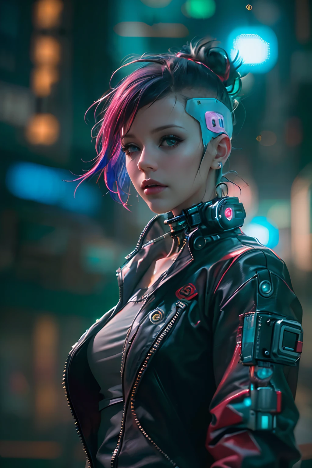 (Photorealistic:1.4) image of a cyber punk girl, (top-quality, 8K, 32K, masterpiece), (dynamic pose), ((facing camera)), (looking at camera), cowboy shot, shapeless hair, colorful hair, colorful cyberpunk clothing, depth of field f/1.8, cyberpunk city background, cinematic lighting.