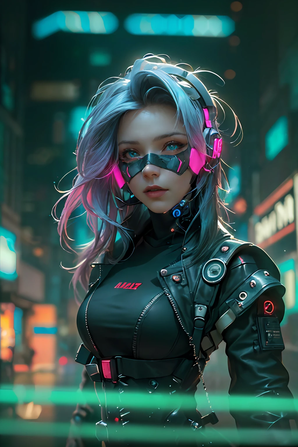 (Photorealistic:1.4) image of a cyber punk girl, (top-quality, 8K, 32K, masterpiece), (dynamic pose), ((facing camera)), (looking at camera), cowboy shot, shapeless hair, colorful hair, colorful cyberpunk clothing, depth of field f/1.8, cyberpunk city background, cinematic lighting.