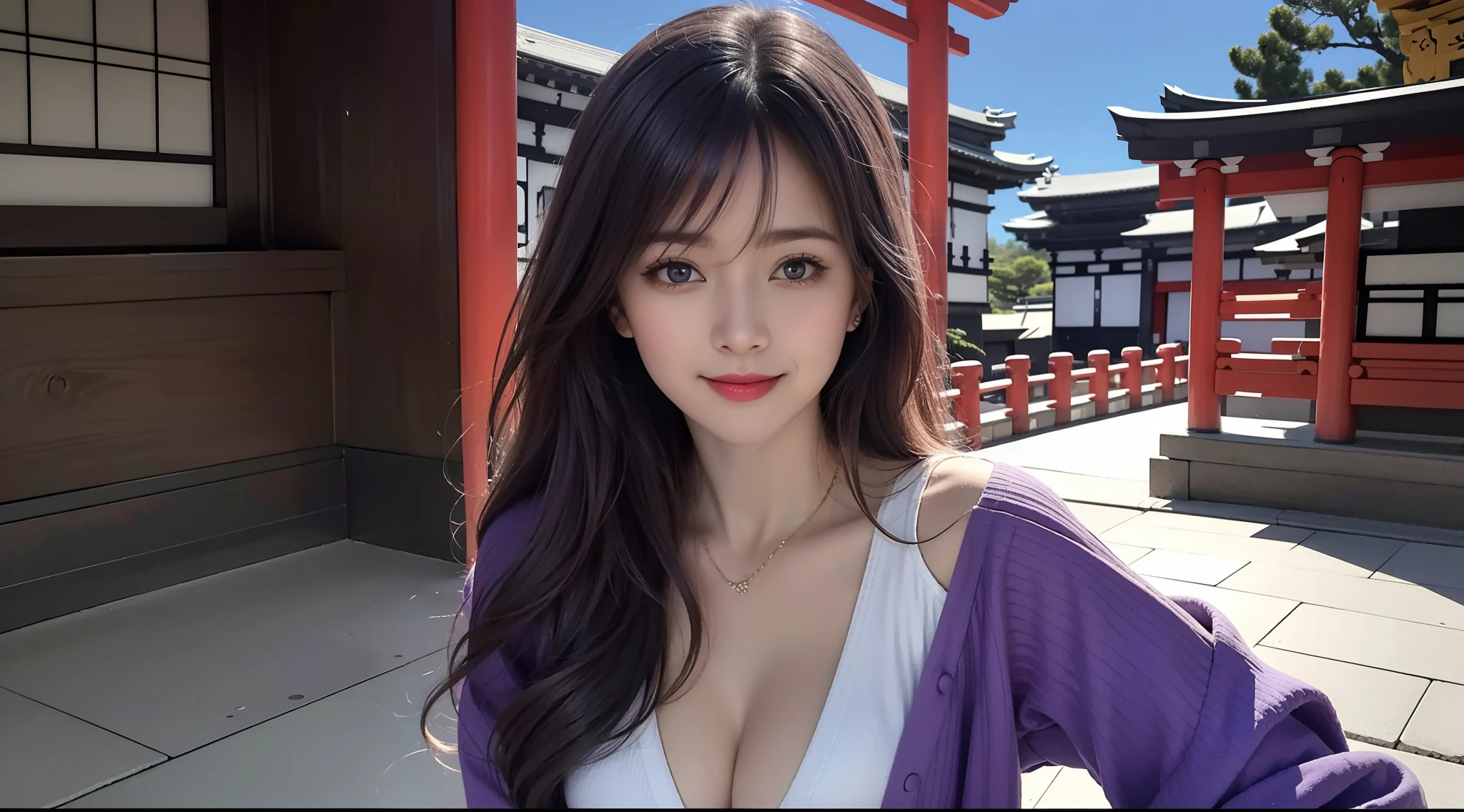 (t masterpiece, Need,1girll, Solo, Intricate details, Looking up perspective, color difference), real photo,(facade), (shoulder cut), cleavage, Close-up, smile, Sexy enhancement,Yae Miko, Purple blue hair, purple blue accents, purple eyes, sharp look, perfectly symmetrical figure, neon shirt, revealing jacket, sweater, leaning against the wall, brick wall, scribbles, dim lights, alleyway, looking at the viewer.((evil streaks, cleavage is seductive, big breasts are enchanting)),(((cherry blossom background) )),((((Japanese temple background)))), (((Shine in- dark background)))
