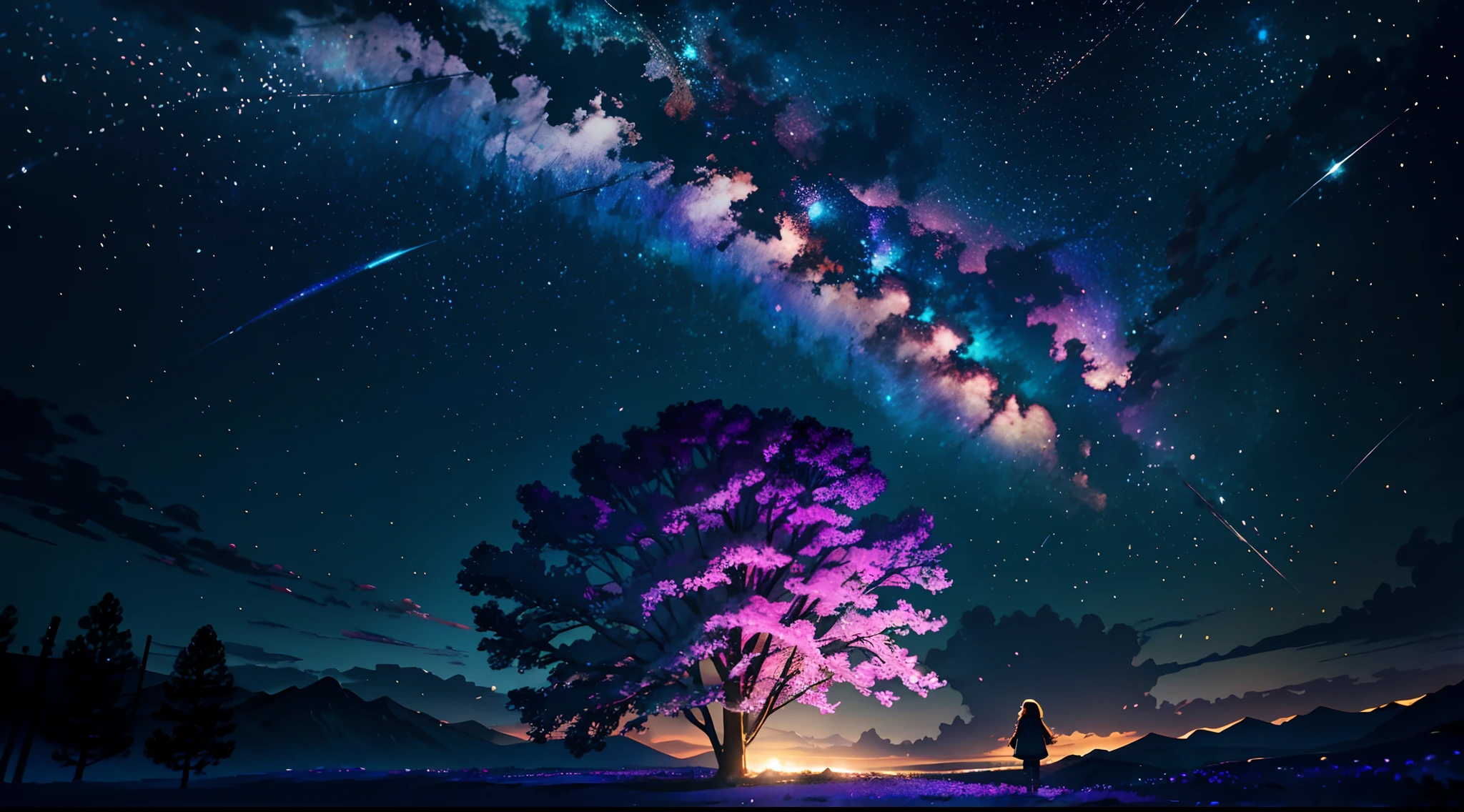 Expansive landscape photograph, (view from below with a view of the sky and the wilderness below), little girl standing in a flower field looking up, (full moon: 1.2), (shooting star: 0.9), (nebula: 1.3), distant mountain, tree break production art, (warm light source: 1.2), (firefly: 1.2), lamp, purple and orange, intricate detail, volume lighting BREAK (masterpiece: 1.2), (highest quality ), 4k, ultra-detailed, (dynamic configuration: 1.4), highly detailed and colorful details (iridescent: 1.2), (sparkling lighting, atmospheric lighting), dreamy, magical, (solo: 1.2)