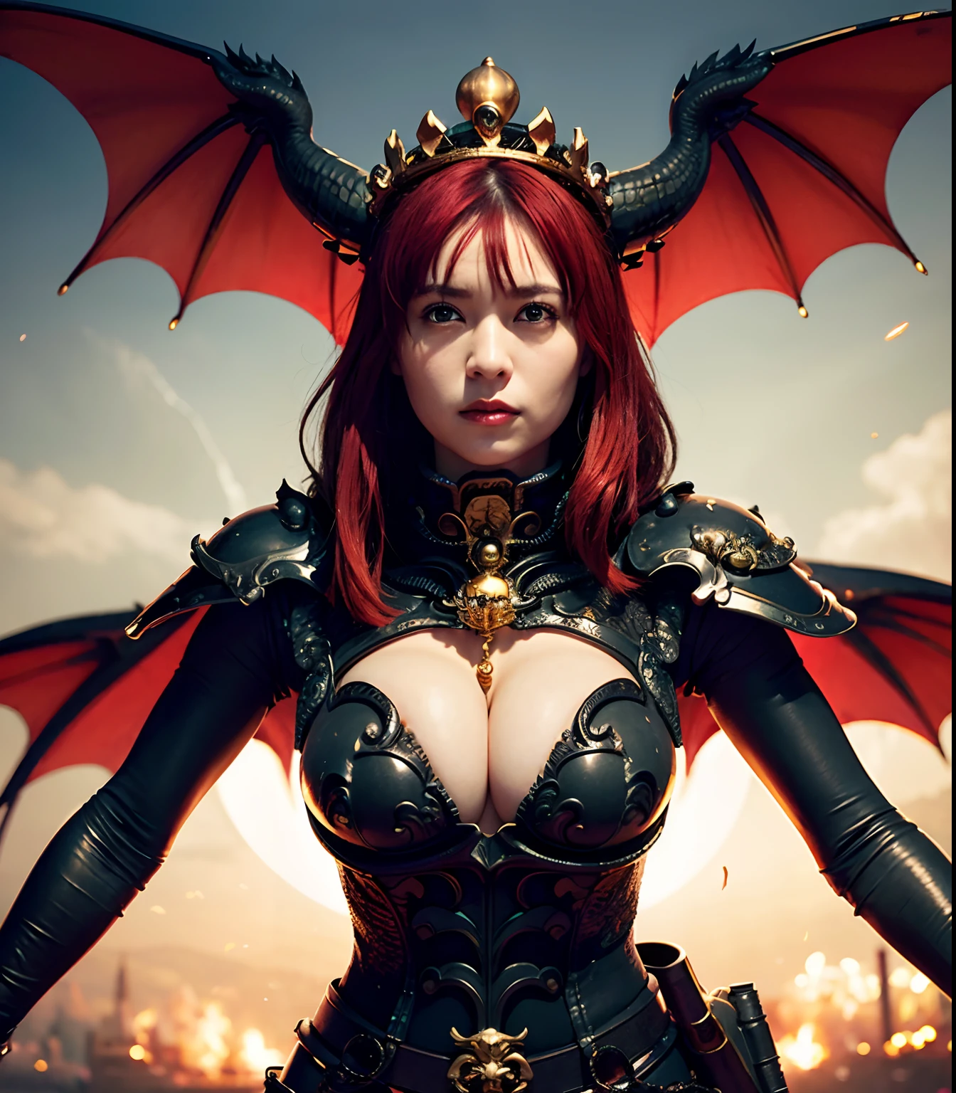 (masutepiece), Professional , masterpiece、top-quality、photos realistic , depth of fields (Gemstone Black Metal Body:1.9),(Matte Black、(cleavage of the breast)、Dragon Gold Weapon(Dragon Metal Body:1.4),Gorgeous Silver Weapons ,(( Dragon's dense and gorgeous sword)) , Beautiful knife ,warhammer 40k , adepta sororitas,Detail and gorgeous crown、((Red hair))、(Castle background)、The dragon、((Gangle's forest background))、Beautiful Caucasian beauty、(1a person)、dynamic ungle,(((Detailed and ornate Black Devil Crown)))、Smaller head、Strange smile、Castle background、Thin and beautiful female hands、cleavage of the breast、Soldier in iron armor on background、Mystical expression、Light Effects、intense fighting、Wind-effect、magic circles、With the legendary magic wand、(demonic wings)、