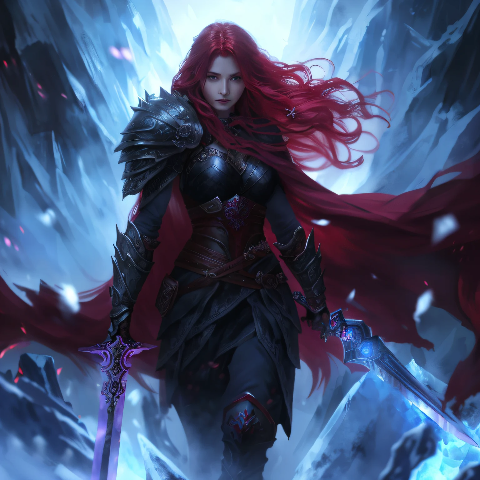 Epic Fantasy full body woman ruby-red colored hair, long wavy hair, eyes in violet colored, approximately thirty years old, Slavic features, Woman with low armor, Sword in your left hand, black roses in the floor, black armor with ice-blue details, Shadow power and ice power in around her, background frozen world, Digital Art style, HDR