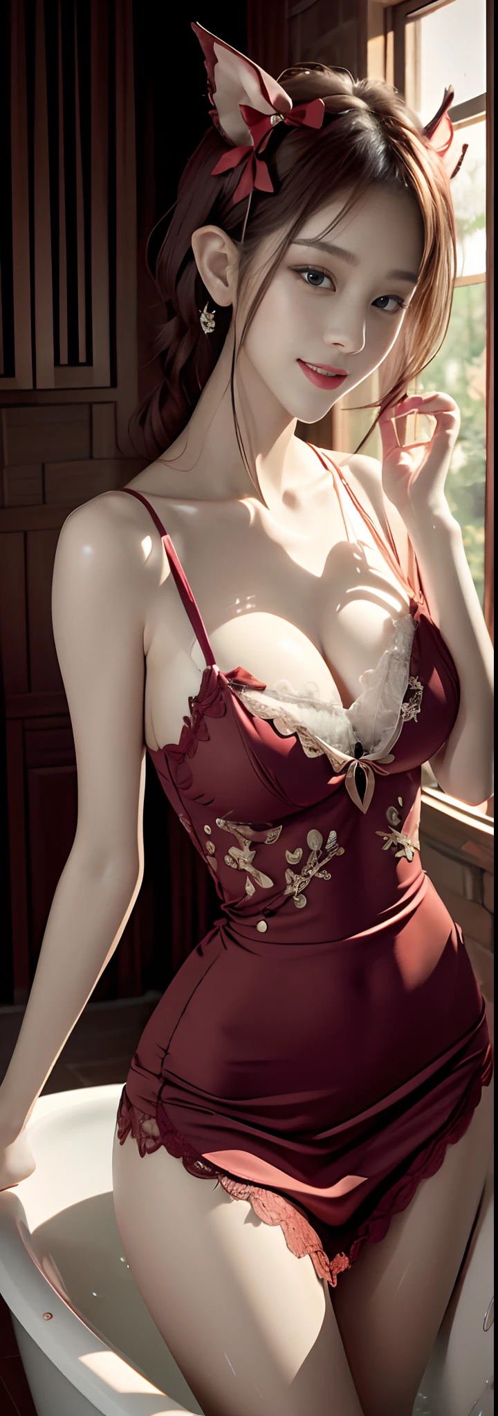 8K high quality wallpaper delicate water drops，Beautiful woman exposing bare shoulders from bathtub
Molding characteristics: Standing posture，
Purple floral long dress
Soft natural light，cinematric light， Side lights
Elf ears
The hooded bow is seductive and energetic，Blurred，Extinction，Moving，seductiv，Sexy smile
Sexy lace clothing， Open V chest clothes，Wavy detail hair，Peony flowers bloom bright red tattoos,Delicately reveals the texture and texture of the petals。light particules， lens flare glow， Luminous Particle