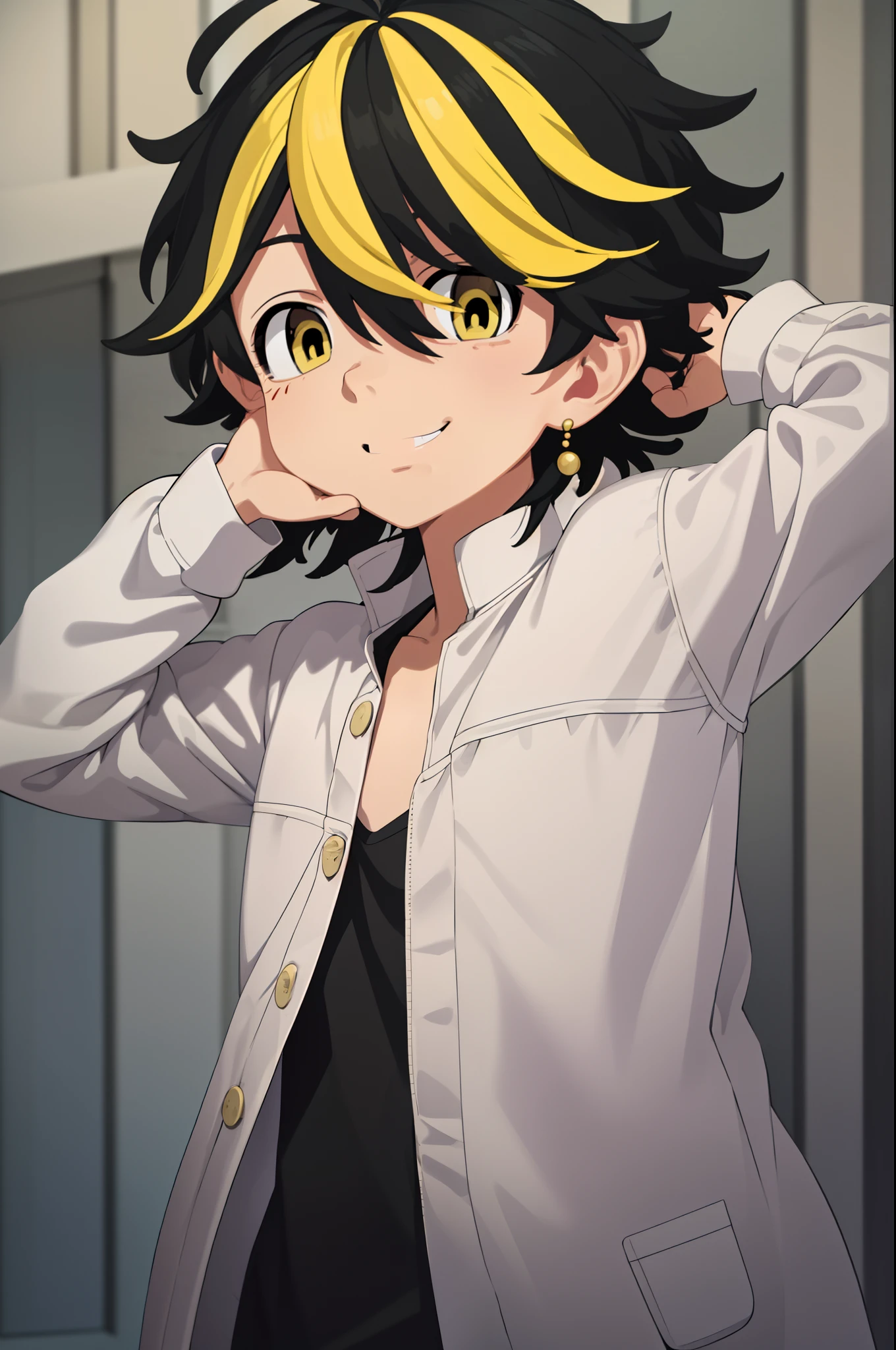 masutepiece, Best Quality, High quality, 1boy, Solo, Male Focus, Looking at Viewer, Upper body, hanemiya_Kazutora, Blonde hair, Black hair, Yellow eyes, multicolored hair,childish,(((((**********))))),lovely,kawaii pose,Man's daughter,A slight smil,pink clothing