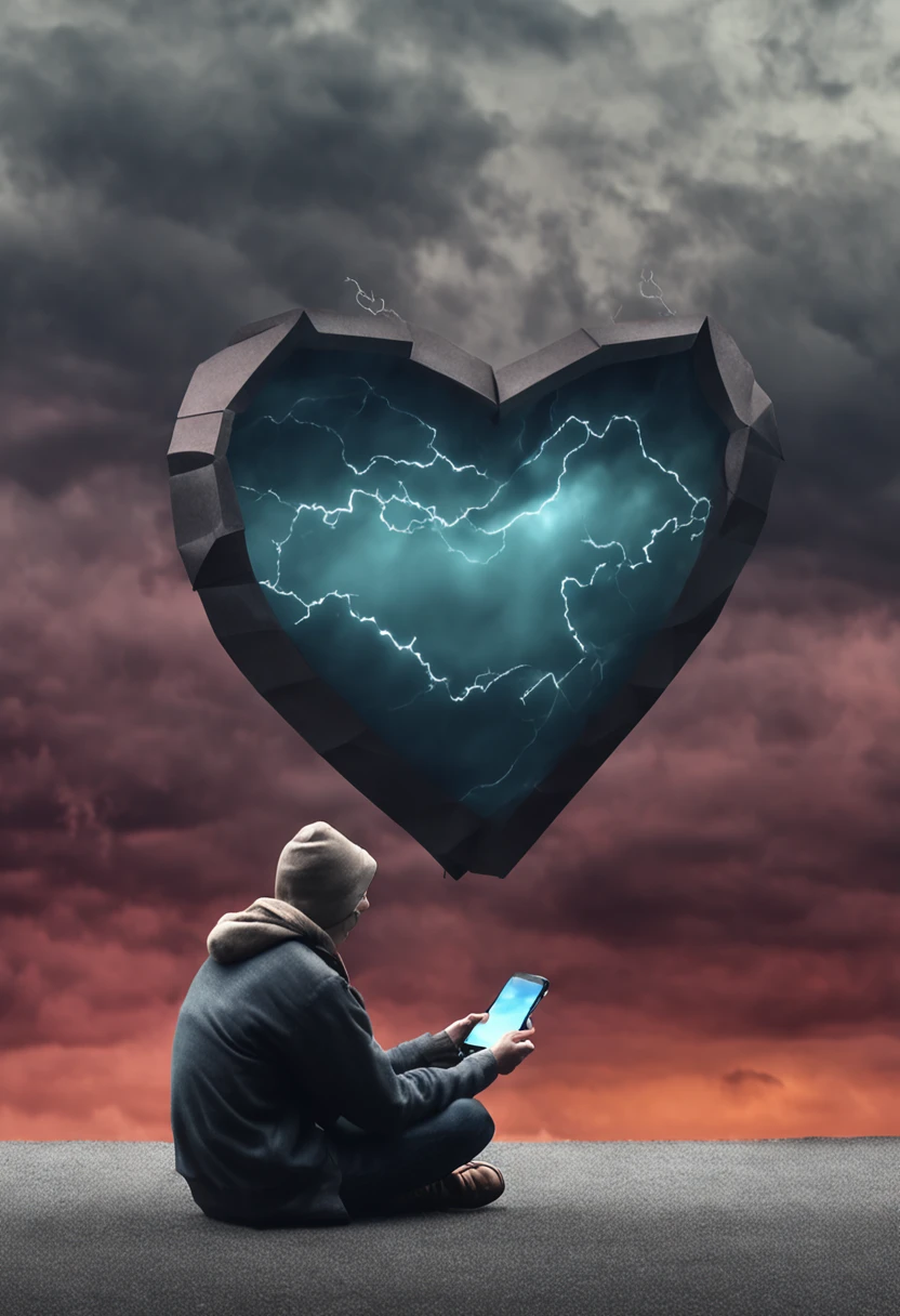 dramatic interpretation, moody clouds overhead, a lone individual clutches their smartphone, but the stormy day casts a shadow of a fragmented heart, technology vs. emotion, 12k, desaturated tones --ar 3:2