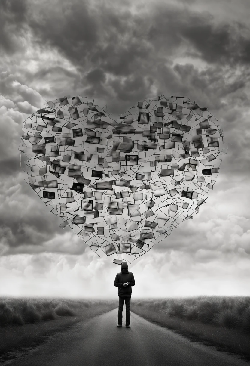 dramatic interpretation, moody clouds overhead, a lone individual clutches their smartphone, but the stormy day casts a shadow of a fragmented heart, technology vs. emotion, 12k, desaturated tones --ar 3:2