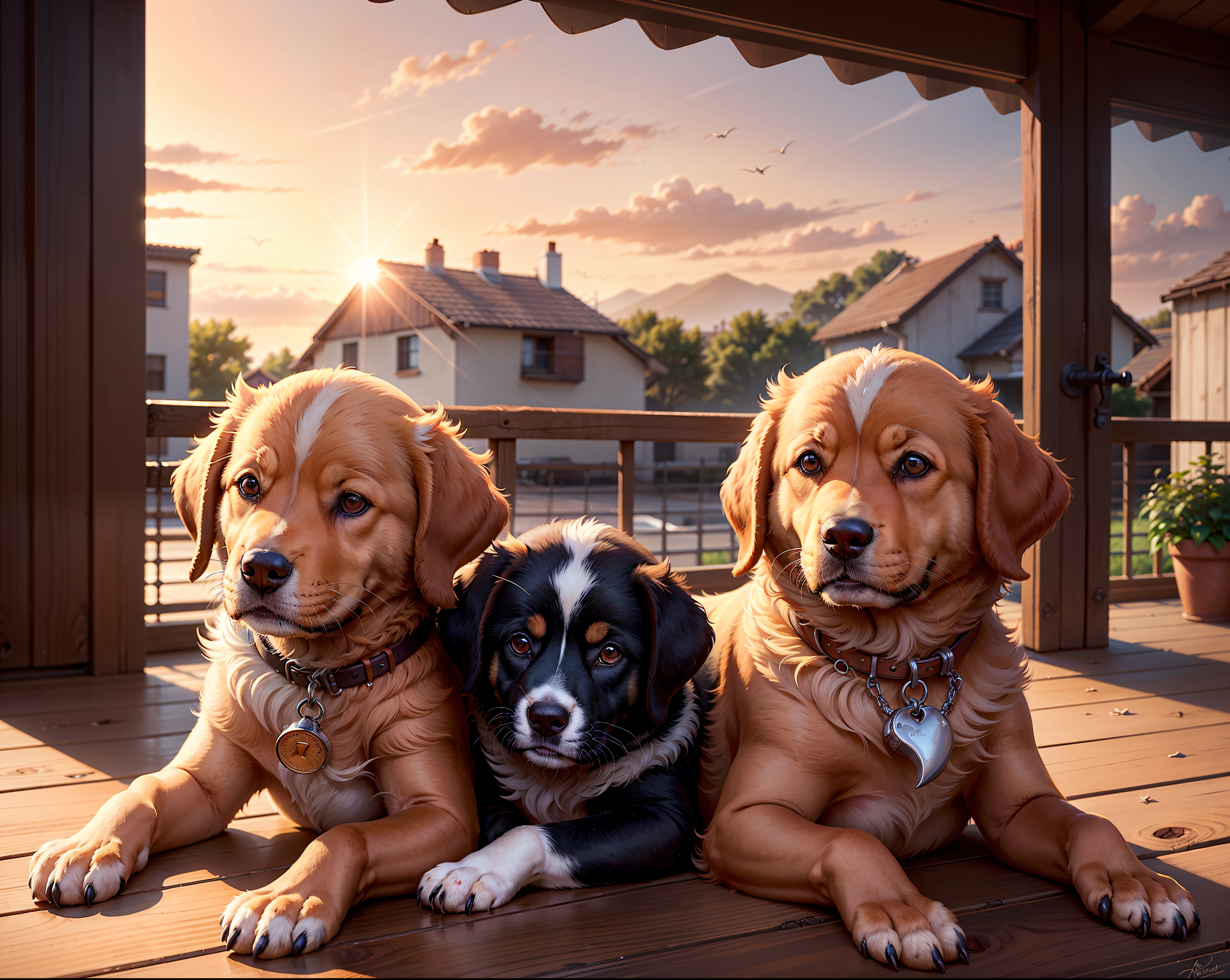 Two puppies littered on windowsill, loving puppy, one dog lying on the other dog's head, sunset view, cute puppy, beautiful dog, scene full of warmth and love, cute animal illustration, digital painting, vivid image, intoxicating, perfect realism, exquisite CG, super fine, highest quality, masterpiece, natural light, hyper-realism, cinematic light texture, beautiful, perfect, HD, 8K resolution, awesome details