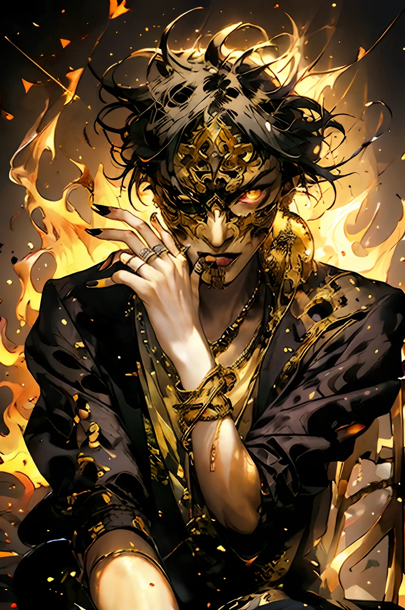 Henshin, solo, looking_at_viewer, short_hair, shirt, black_hair, 1boy, jewelry, jacket, yellow_eyes, upper_body, male_focus, earrings, hand_up, nail_polish, orange_eyes, black_shirt, mask, glowing, ring, fire, black_background, black_nails, one_eye_covered, multiple_rings, ultra realistic,32k,RAW photo,(high detailed skin:1.2), 8k uhd, dslr, soft lighting, high quality, film grain,sitting on a chair,leg croes