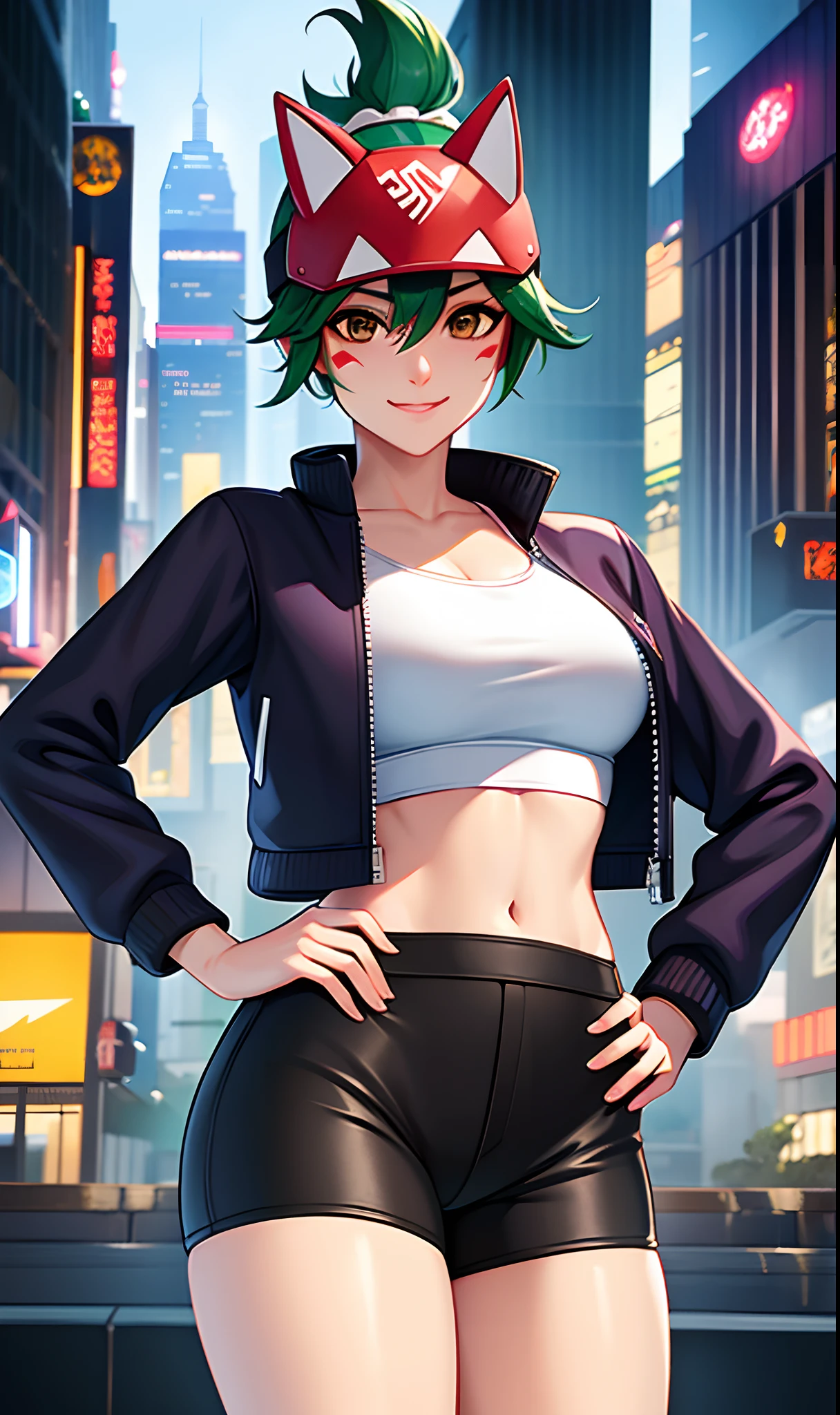 masterpiece, best quality, kiriko \(overwatch\), green hair, ponytail, brown eyes, facial mark, fox mask, half mask, smile, medium breasts, white crop top, black jacket, midriff, black shorts, hands on hips, cowboy shot, city, cyberpunk