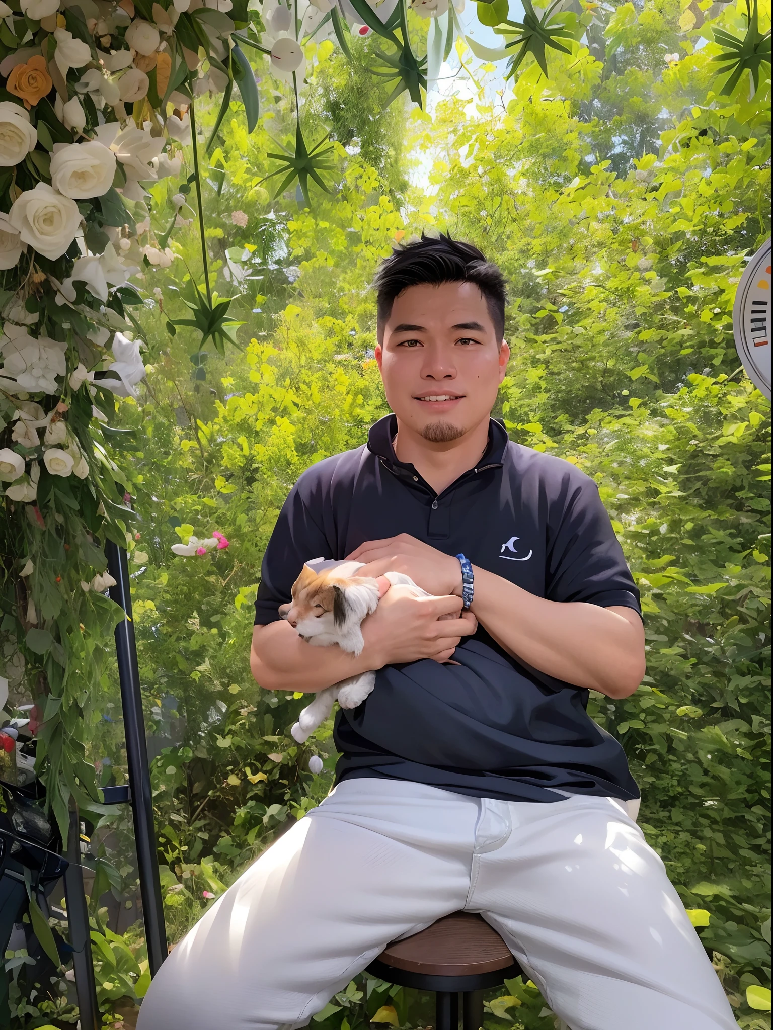 there is a man sitting on a stool holding a cat, bao pham, ren heng, hoang long ly, stanley artger m lau, nivanh chanthara, dang my linh, pets, david luong, stanley artgem lau, dzung phung dinh, 2 9 years old, with his hyperactive little dog
