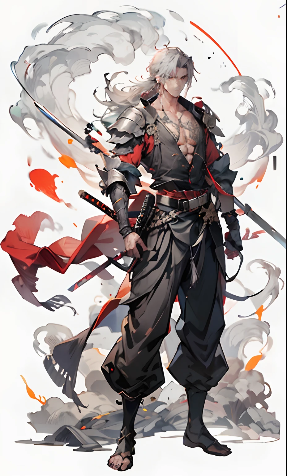 1boy, arma, Male Focus, , Long hair, , , holding swords, , , Standing, armor, Grey Hair, scabbard, pectoral muscles, , Belt bag, scabbard, Shoulder Armor, Full body, Smoke, facial hairs, Jewelry, Pants, Red Eyes, , muscular, ,,
nffsw