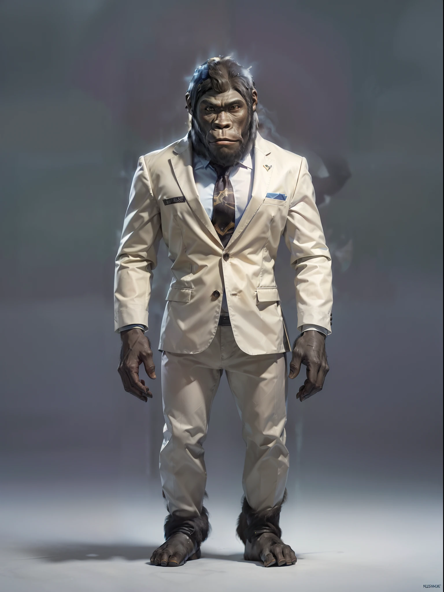 (((fullbody image、Standing posture)))、(Full body gorilla standing upright in luxury business suit、Humanoid gorilla、Cool anthropomorphic gorilla with long legs)、masterpiece, top-quality, in 8K , intricate detailes, ultra-detailliert , light Particle、32K Digital Paint, Hyper-Realism, No background