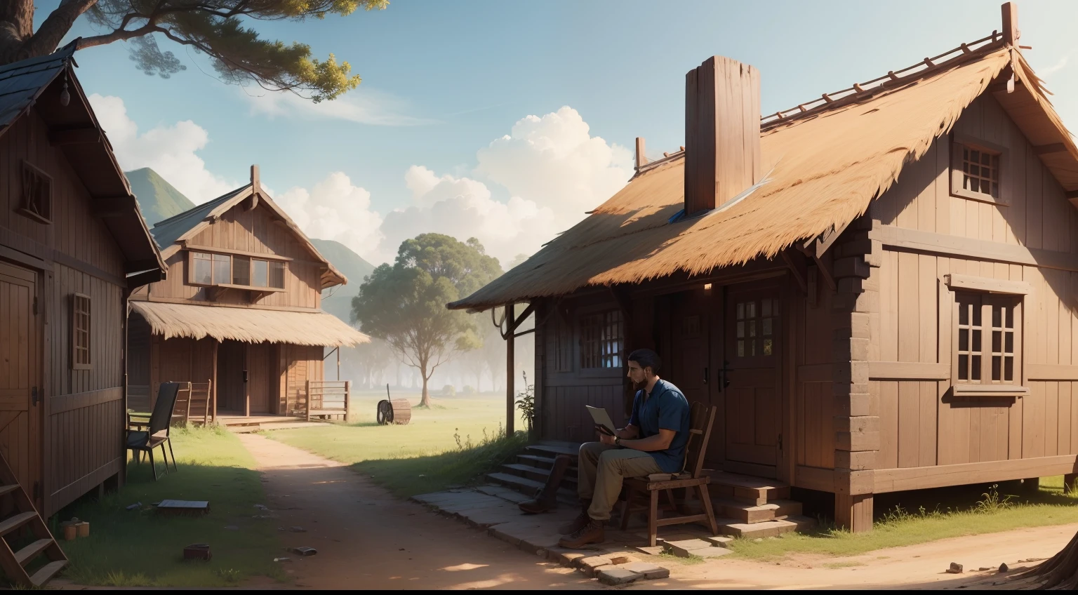 Um homem idoso, em trapos, sitting in front of his wooden house talking to a young woman, Arte Oficial, Arte do jogo 2D, 4k
