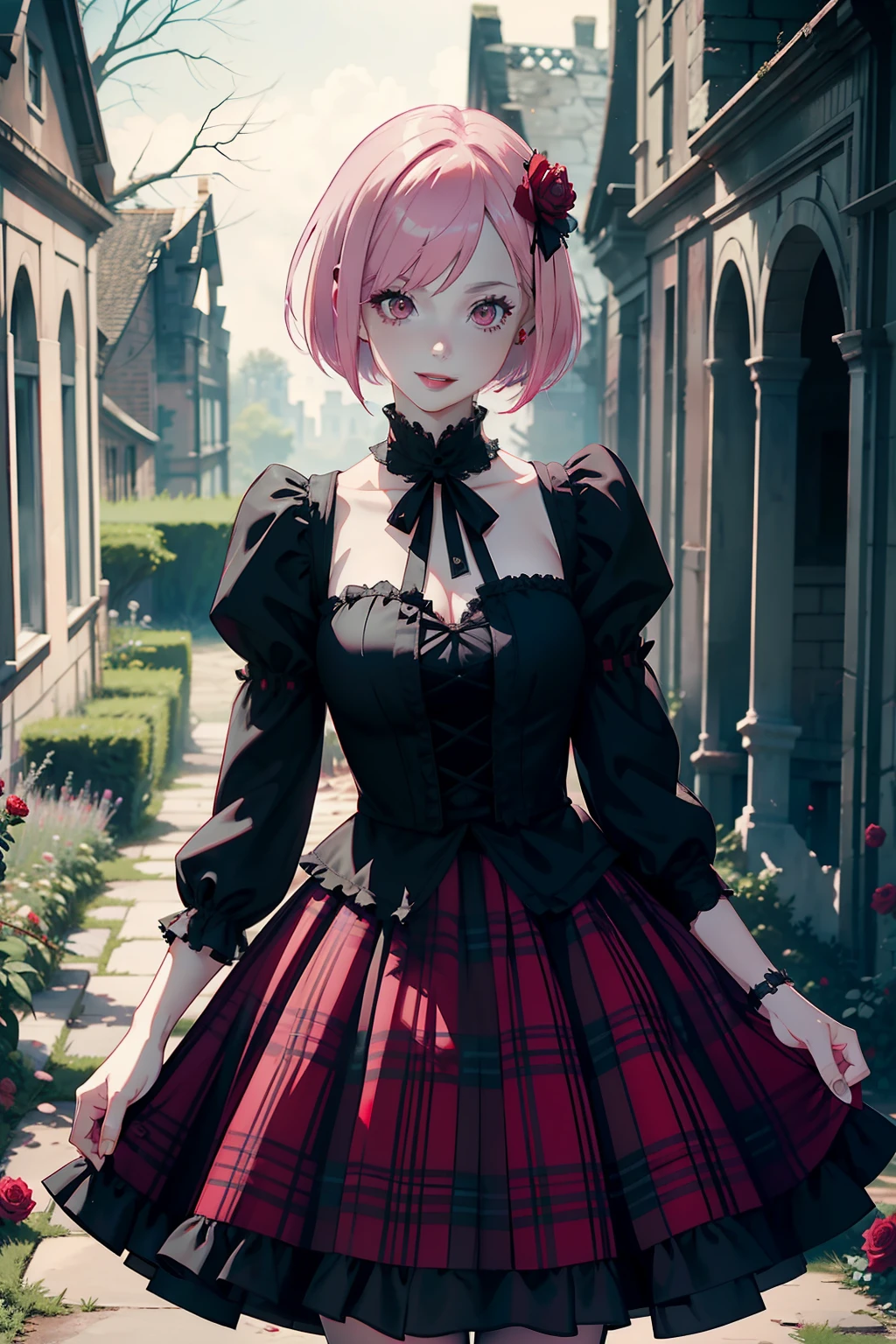 Girl, pink hair, bob haircut, Gothic Lolita, Gothic style, red plaid skirt, red eyes, Face of Beauty, pale skin, smiling, in a ruined mansion, red roses in a garden in the background, dark green filter, intense filter, secret garden tekken 5,