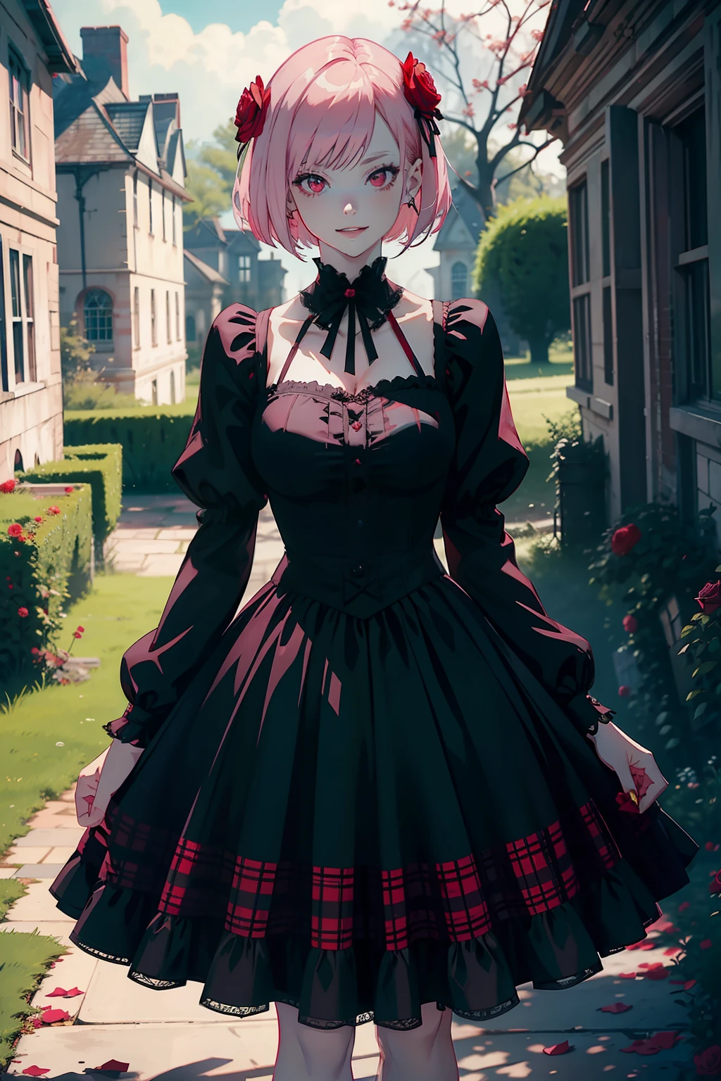 Girl, pink hair, bob haircut, Gothic ta, Gothic style, red plaid skirt, red eyes, Face of Beauty, pale skin, smiling, in a ruined mansion, red roses in a garden in the background, dark green filter, intense filter, secret garden tekken 5,