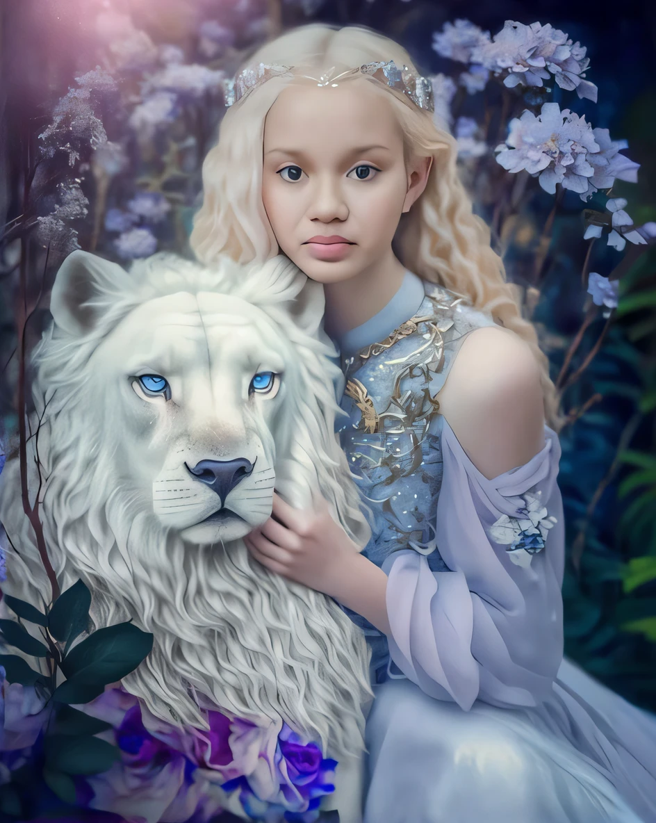 A closeup of a young woman in a dress holding a white lion, beautiful animal pearl queen, retrato bonito da arte da fantasia, bela arte de fantasia, retrato bonito da fantasia, retrato da arte da fantasia, gorgeous goddess of leo, arte de fantasia muito bonita, fantasy fairytale story, retrato da fantasia, retrato da princesa, inspirado em Cynthia Sheppard, bela fantasia detalhada, Directed by: Nina Petrovna Valetova