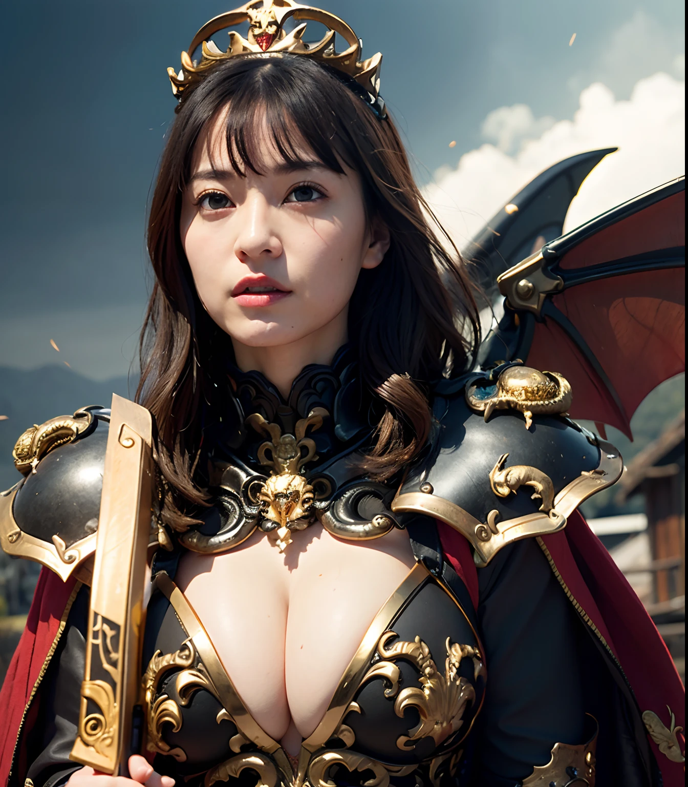 (masutepiece), Professional , ​masterpiece、top-quality、photos realistic , depth of fields （Gemstone Black Metal Body:1.９),(Matte Black、（cleavage of the breast）、Dragon Gold Weapon（Dragon Metal Body:1.４),Gorgeous Silver Weapons ,（（ Dragon's dense and gorgeous sword）） , Beautiful knife   ,warhammer 40k , adepta sororitas,Detail and gorgeous crown、（（Red hair））、（Castle background）、The dragon、（（Gangle's forest background））、Beautiful Caucasian beauty、（１a person）、dynamic ungle,(((Detailed and ornate Black Devil Crown)))、Smaller head、Strange smile、Castle background、Thin and beautiful female hands、cleavage of the breast、Soldier in iron armor on background、Mystical expression、Light Effects、intense fighting、Wind-effect、magic circles、With the legendary magic wand、（demonic wings）、