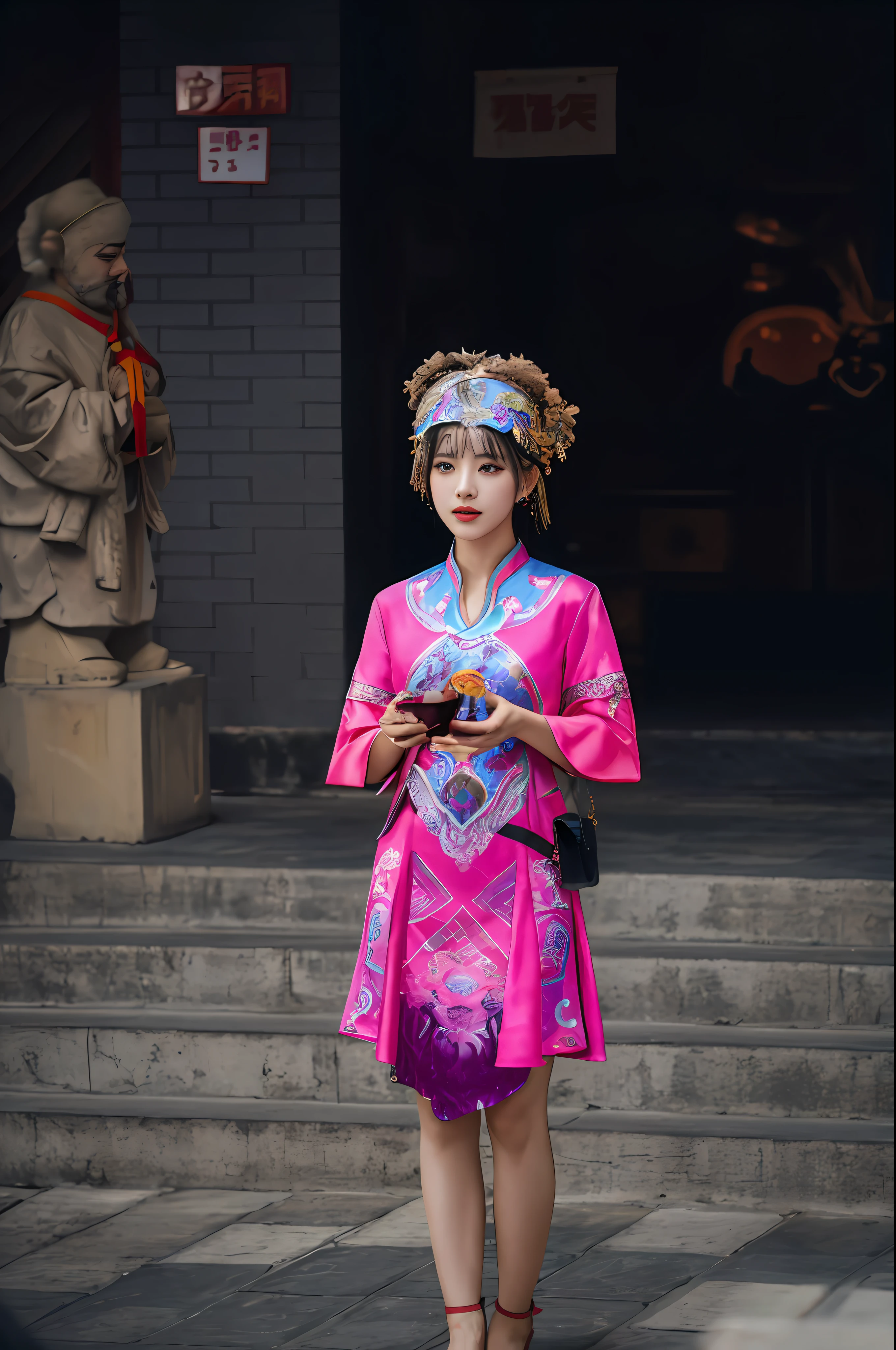In front of the old tavern,Woman in pink dress standing on the steps,Wine bowl in hand, Traditional Tujia costume, A young girl, Chinese girl, wearing elegant outfits, Chinese woman, Chinese costume, Chinese traditional, Wearing Gorgeous Costume,tmasterpiece:1.4,Cinematic lighting effects,Super resolution,hyper-high detail,