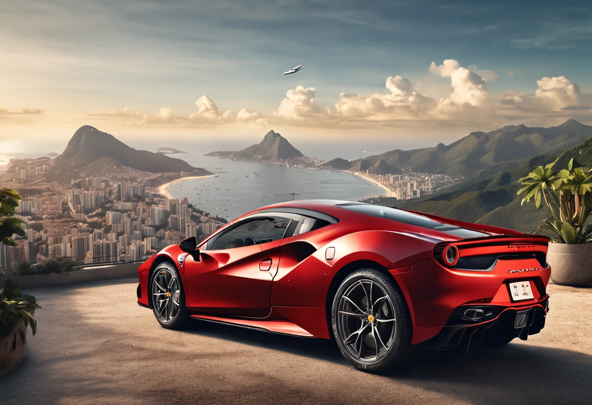 (Best quality, 8k, Masterpiece :1.2), hyper realistic, city of Rio de Janeiro Brazil, at a mountain, an detailed red Ferrari 488, Redeemer Christ in the background, a beautiful brown hair girl in sport clothes looking at landscape, sunny day, summer