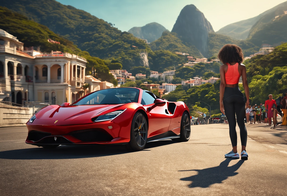 (Best quality, 8k, Masterpiece :1.2), hyper realistic, city of Rio de Janeiro Brazil, at a mountain, an detailed red Ferrari 488, Redeemer Christ in the background, a beautiful brown hair girl in sport clothes looking at landscape, sunny day, summer