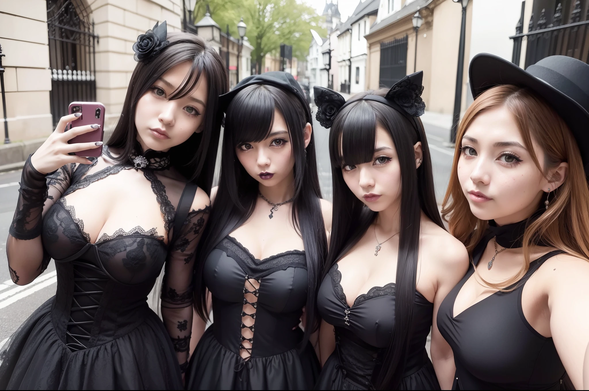 (obra maestra) (La mejor calidad) A selfie of several gothic-looking kawaii women on a London street. are young, alegre y me encanta hacer bromas en las fotos.