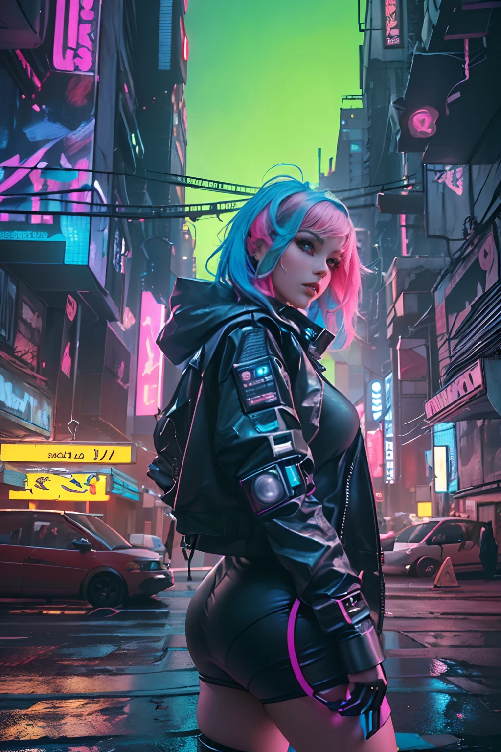 (Photorealistic:1.4) image of a cyber punk girl, (top-quality, 8K, 32K, masterpiece), (dynamic pose), ((facing camera)), (looking at camera), cowboy shot, shapeless hair, colorful hair, colorful cyberpunk clothing, depth of field f/1.8, cyberpunk city background, cinematic lighting.