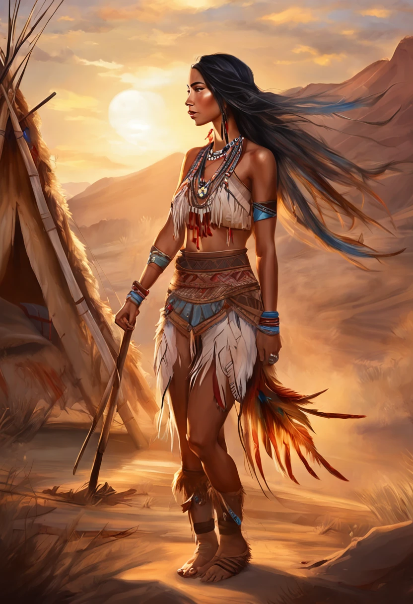 ultra detailed artistic photography, Native American beautiful Apache female, tee pee, moonlight, fire pit, feathers, sexy, dreamy, glowing, backlit, shadows, oil on canvas, smooth, ultra high definition, 8k, ultra sharp focus,  intricate artwork masterpiece, flowy outfit, highly detailed, vibrant, production cinematic character render, ultra high quality model