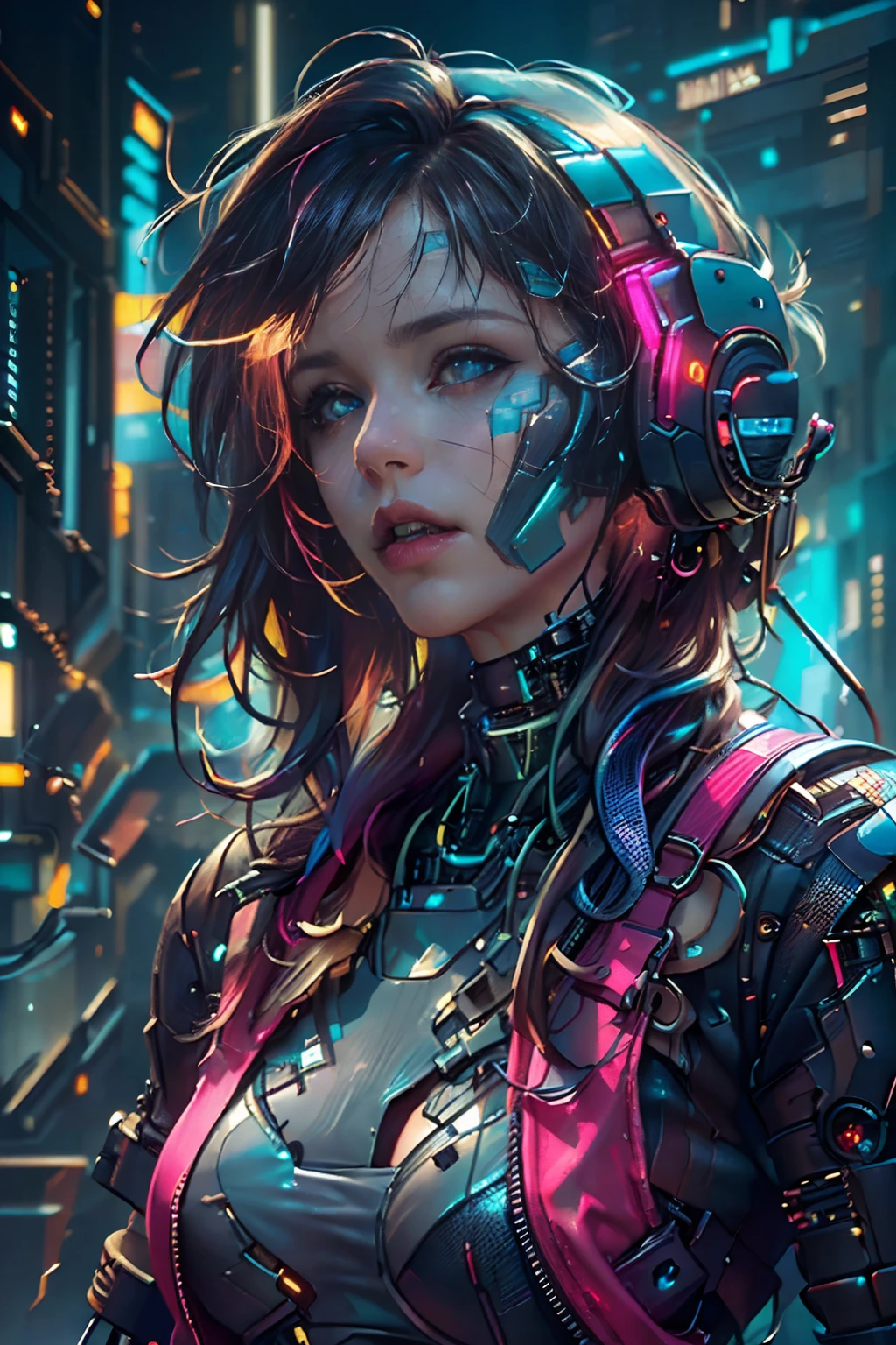 (Photorealistic:1.4) image of a cyber punk girl, (top-quality, 8K, 32K, masterpiece), (dynamic pose), ((facing camera)), (looking at camera), cowboy shot, shapeless hair, colorful hair, colorful cyberpunk clothing, depth of field f/1.8, cyberpunk city background, cinematic lighting.