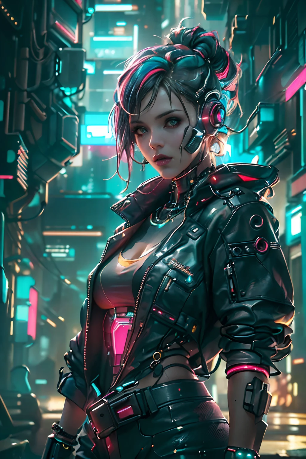 (Photorealistic:1.4) image of a cyber punk girl, (top-quality, 8K, 32K, masterpiece), (dynamic pose), ((facing camera)), (looking at camera), cowboy shot, shapeless hair, colorful hair, colorful cyberpunk clothing, depth of field f/1.8, cyberpunk city background, cinematic lighting.