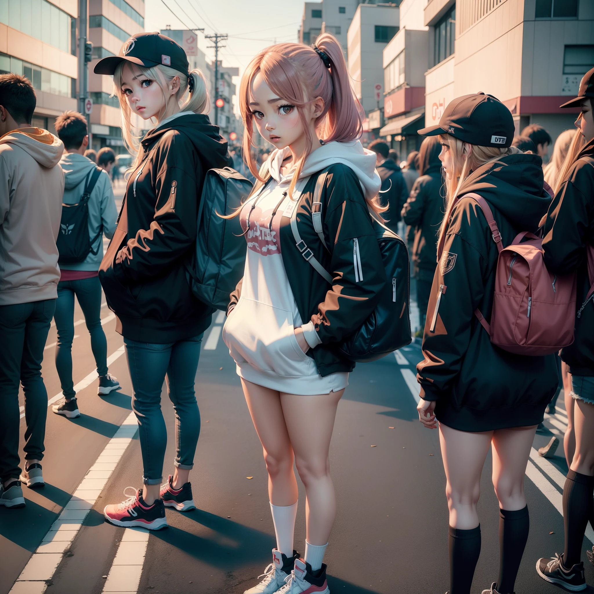 Anime girl wearing hoodie, standing at a street in Tokyo. Ulta hd, detailed,
