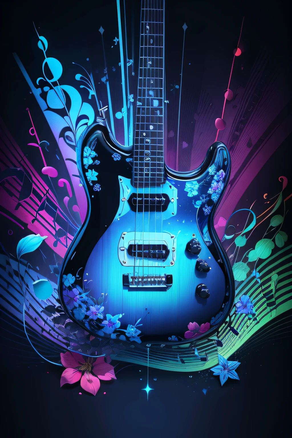 background flores astrais abstratas colorfull pattern neon blue com notas musicais