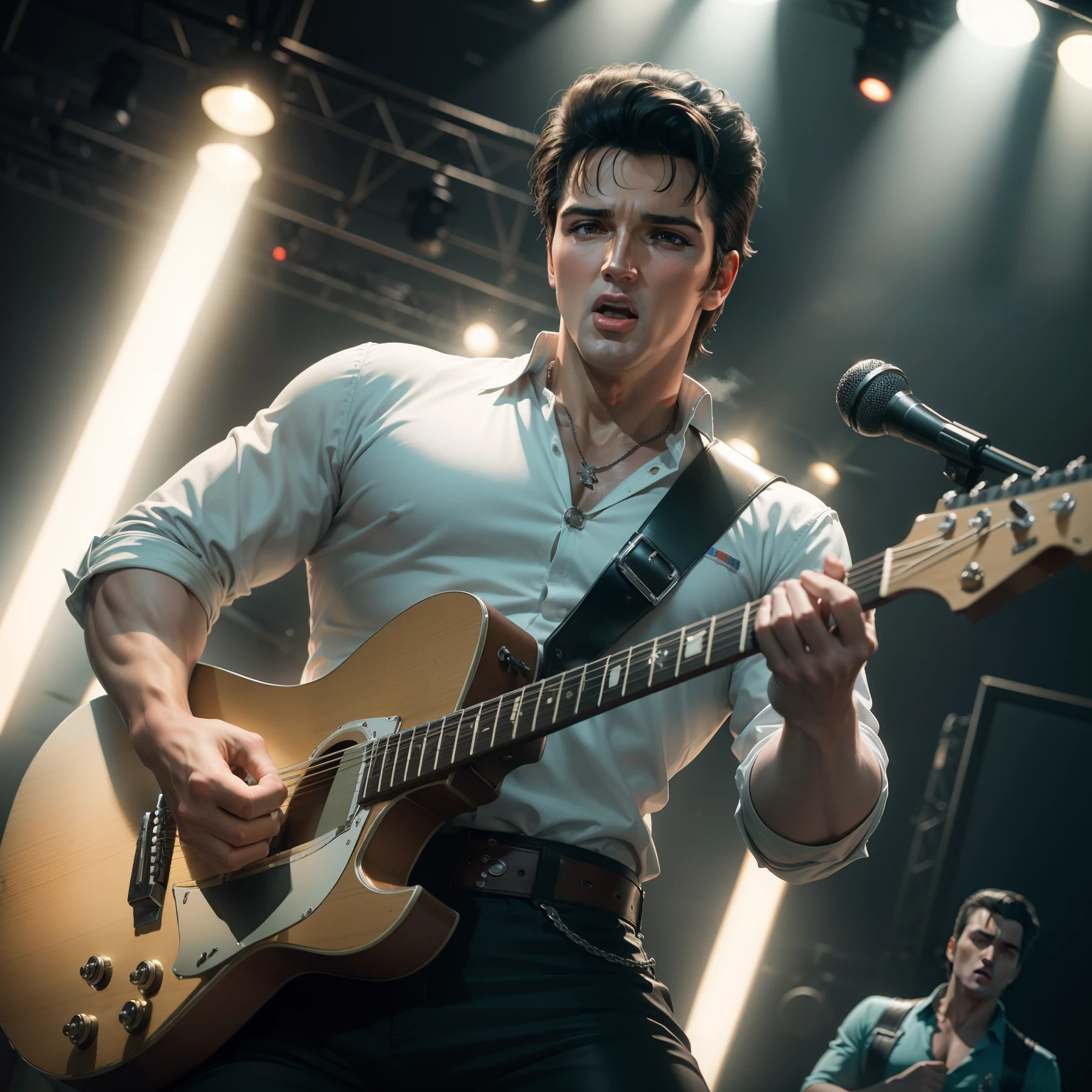 (8k, RAW photo, best quality, masterpiece:1.2), ultra detailed, official art, photo-realistic:1.37, upper body shot, Elvis Presley, film grain, action pose, in concert scene