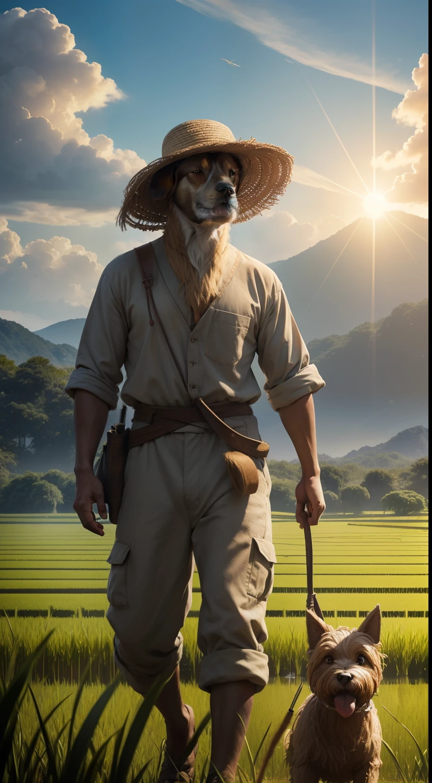 farmer, human body, dog-head, working on the rice field, under the sun, sunshine, full body, Animal Anthropomorphism, realistic digital, humanoid, abstract background, global illumination, intricate, epic, dramatic, masterpiece, high detail, best quality, ultra high res