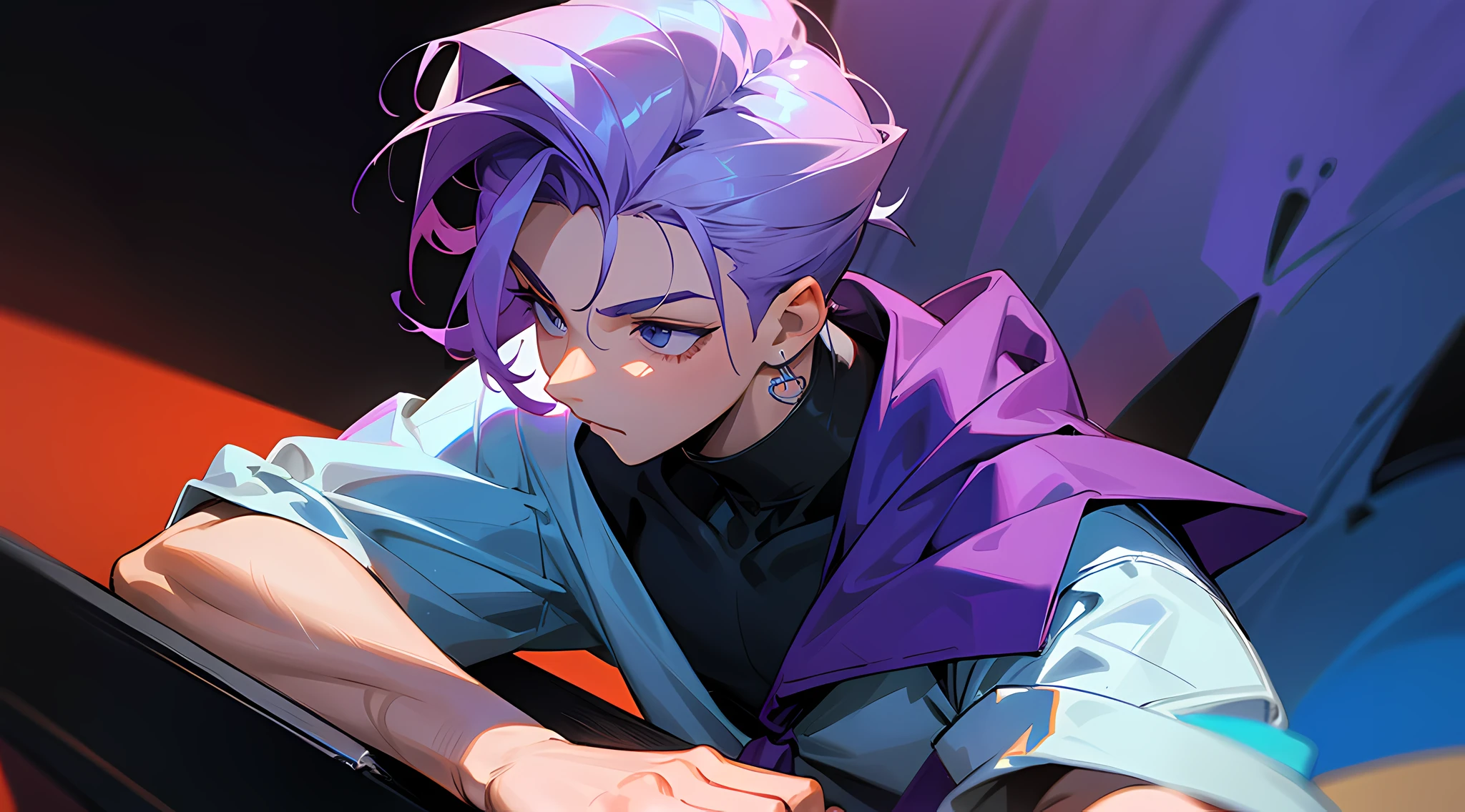 1 boy, cabelo roxo, artista marcial, com cicatrizes, adolescente