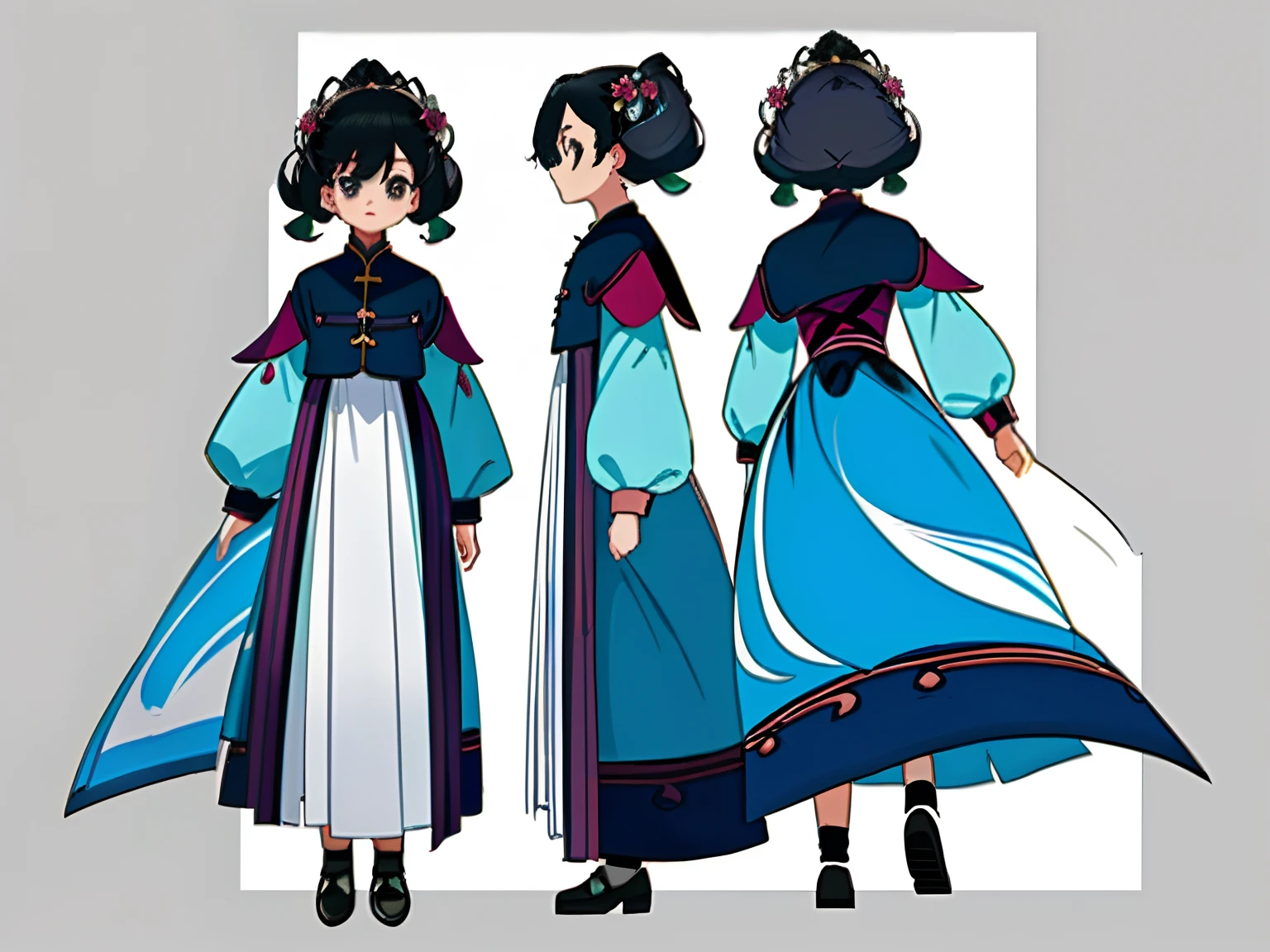 ((masterpiece)),(((best quality))),(character design sheet, same character, front, side, back), illustration, 1 girl, hair color, bangs, hairstyle fax, eyes, environment change scene, Hairstyle Fax, Pose Zitai, Female, Shirt Shangyi, Star, Charturnbetalora, (simple background, white background: 1.3), --6