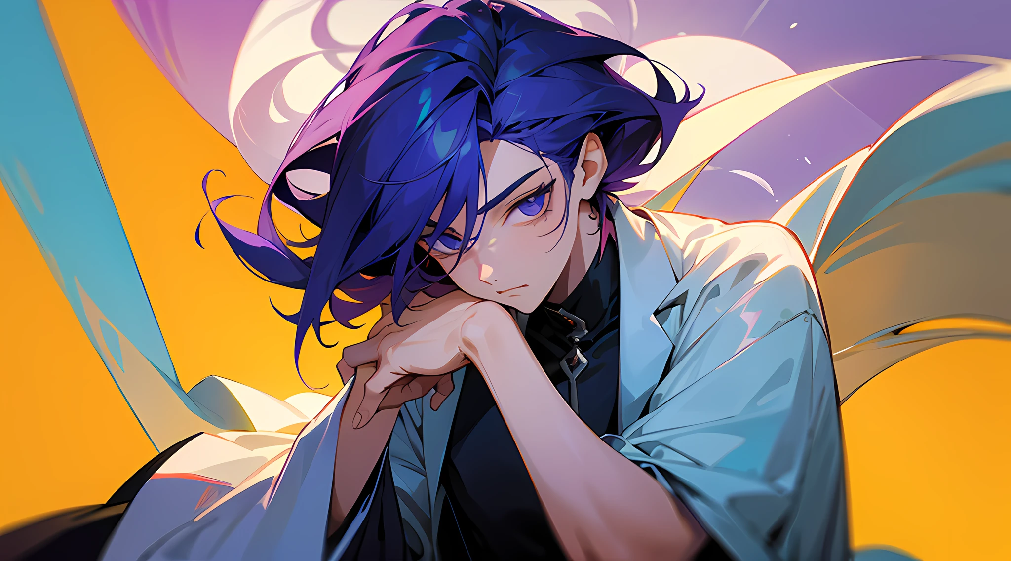 1 boy, cabelo roxo, artista marcial, com cicatriz no olho , cabelo longo
