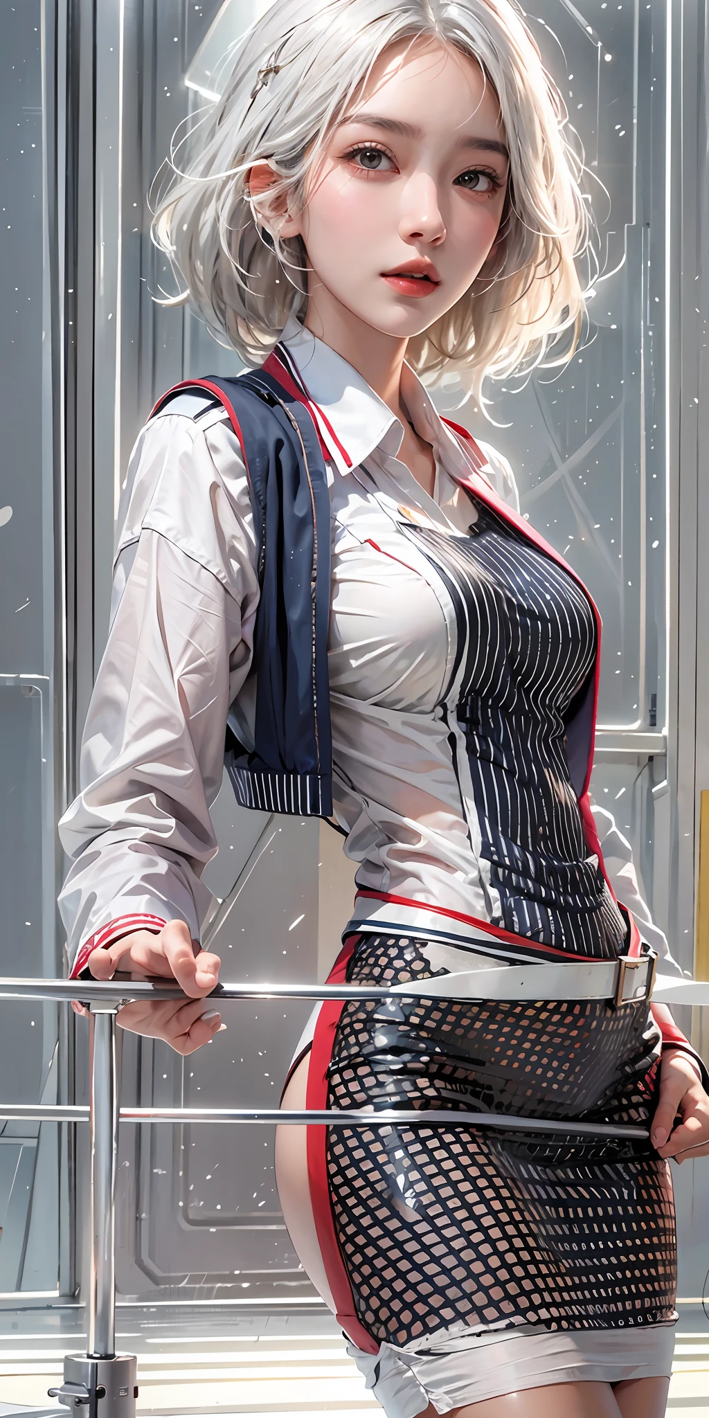 photorealistic, high resolution, soft light,1women, solo, hips up, shining skin, (detailed face), Stewardess uniform, white hair